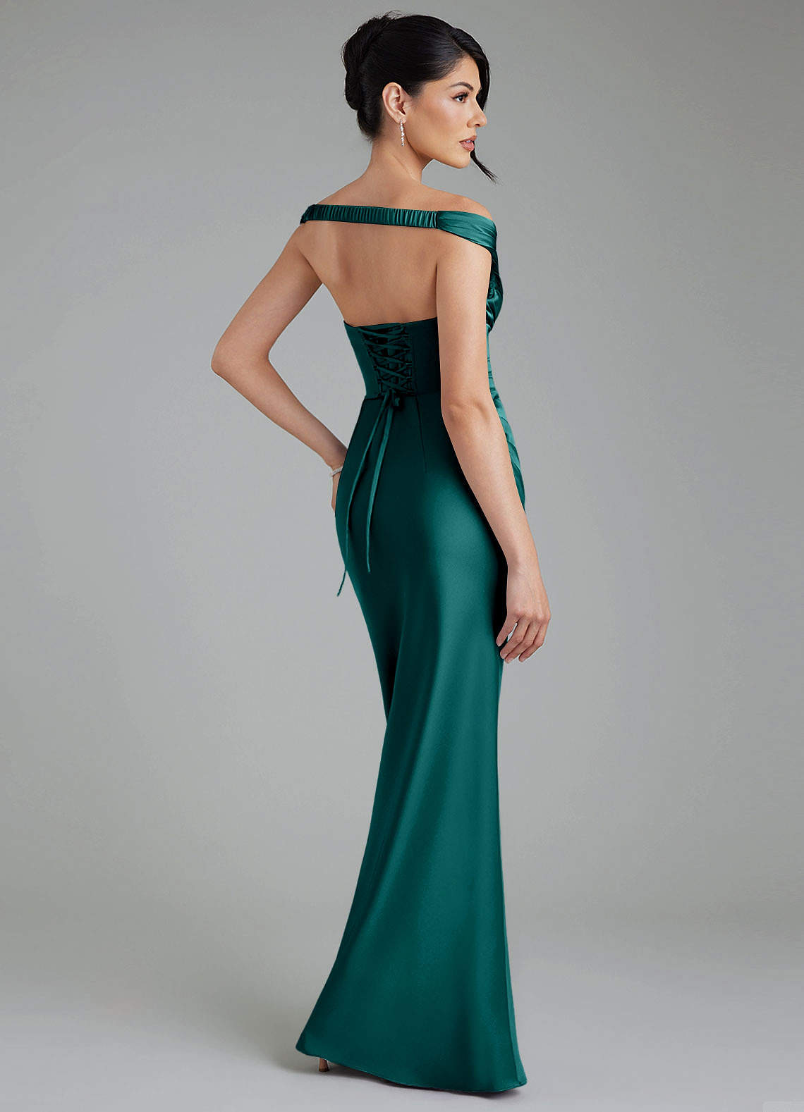 Stella Sheath V-Neck Stretch Satin Bridesmaid Dress in Peacock