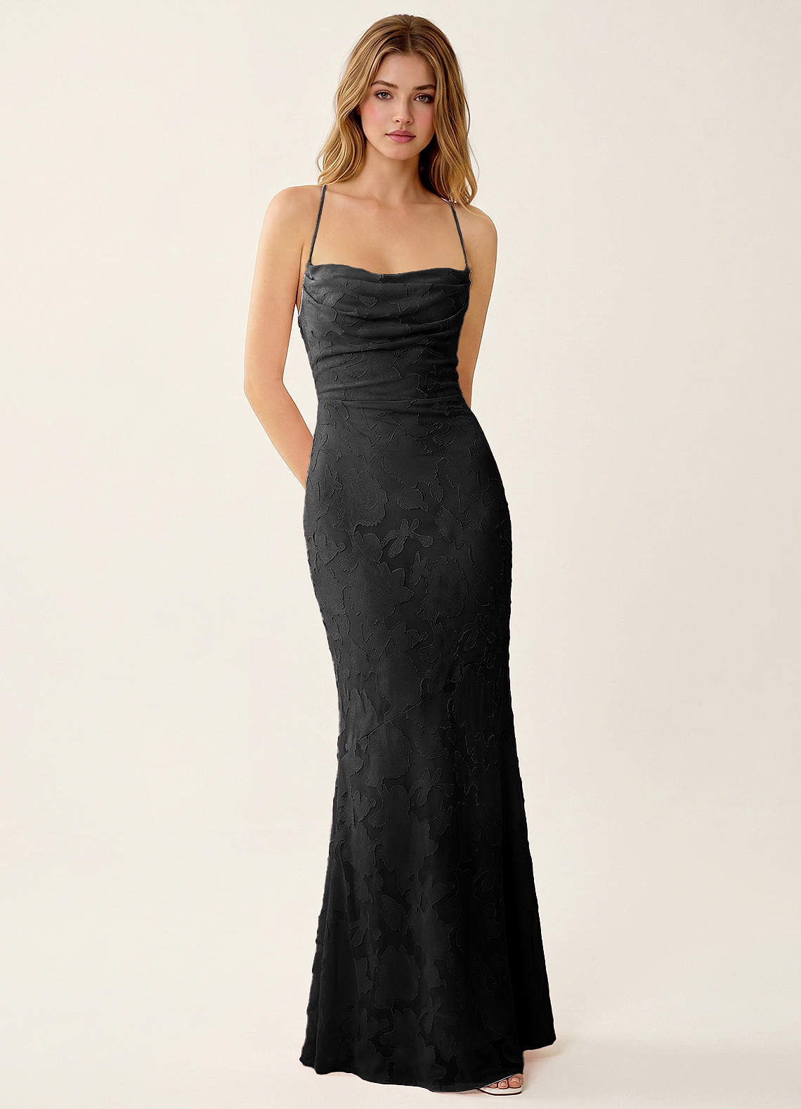 Natasha Mermaid Spaghetti-Strap Floral Burnout Evening Dress in black