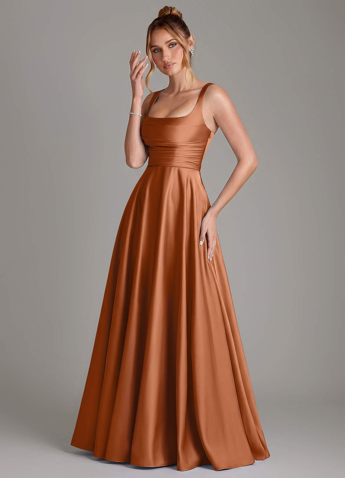Azaria A-Line Square-Neck Stretch Satin Bridesmaid Dress in Copper