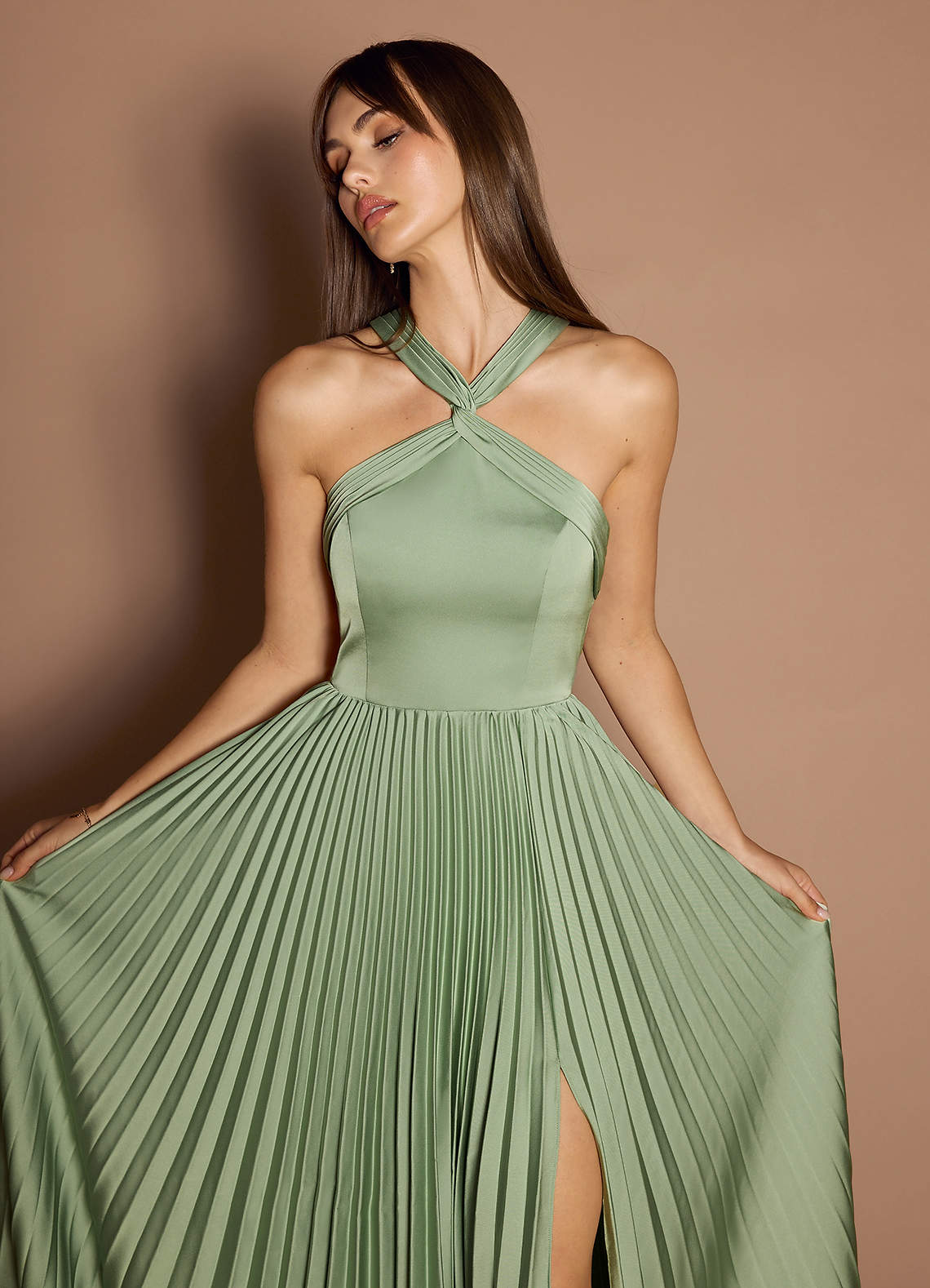 Afra A-Line Pleated Stretch Satin Wedding Guest Dress in Dusty Sage