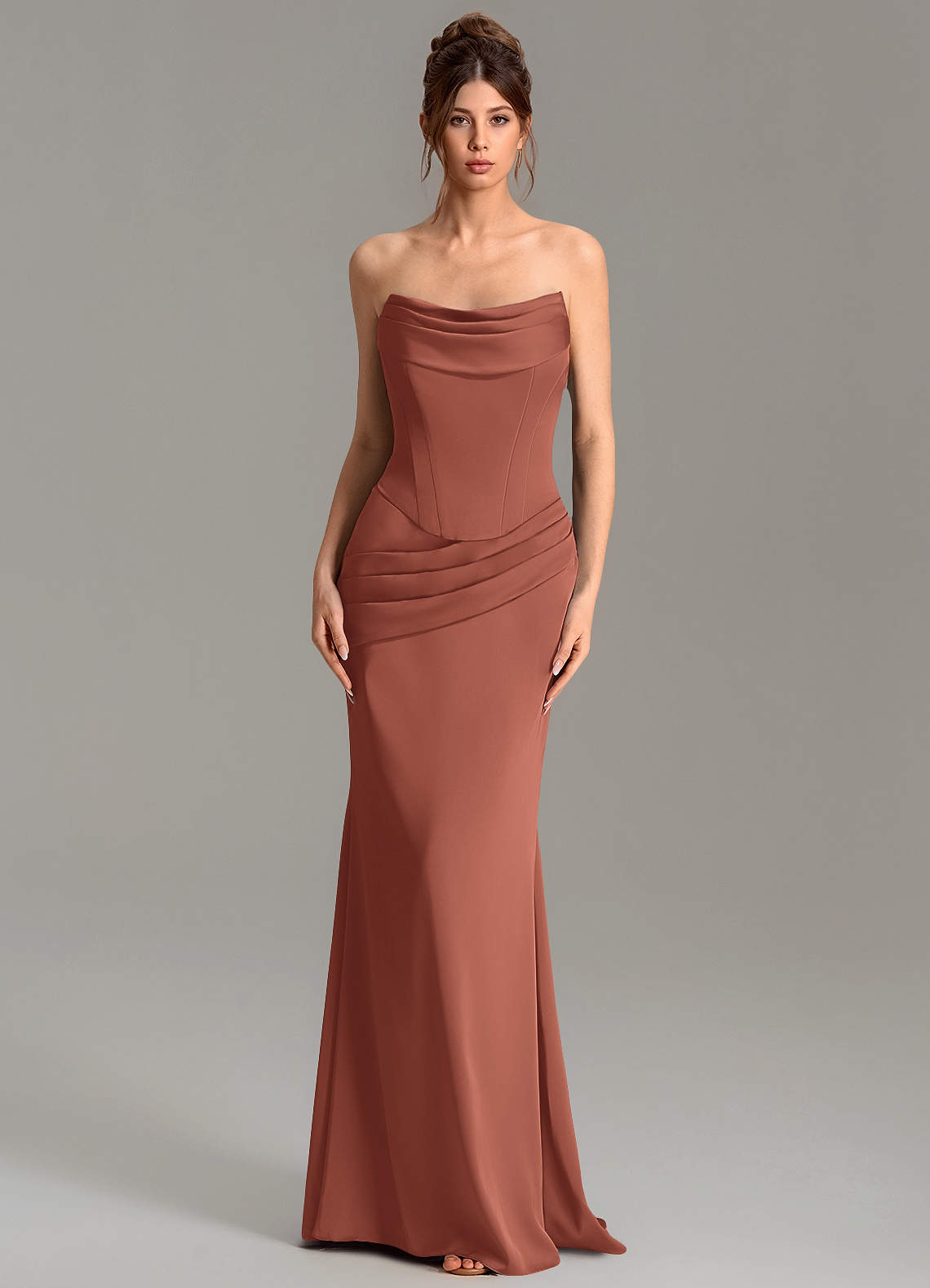 Adrienne Mermaid Cowl-Neck Stretch Satin Bridesmaid Dress in Auburn