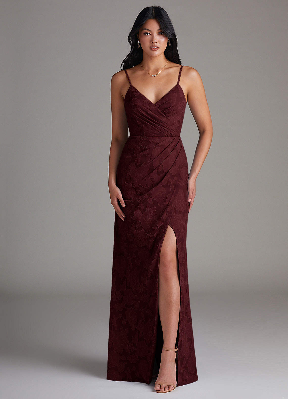 Maci Sheath V-Neck Floral Burnout Bridesmaid Dress in Cabernet