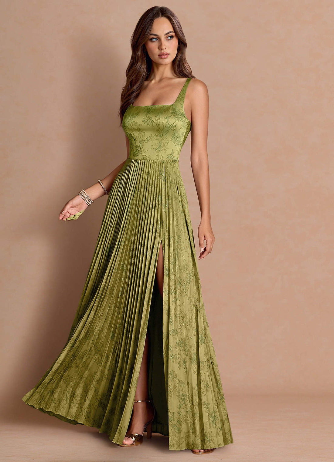 Tatiana A-Line Square-Neck Jacquard Wedding Guest Dress in Moss Navy