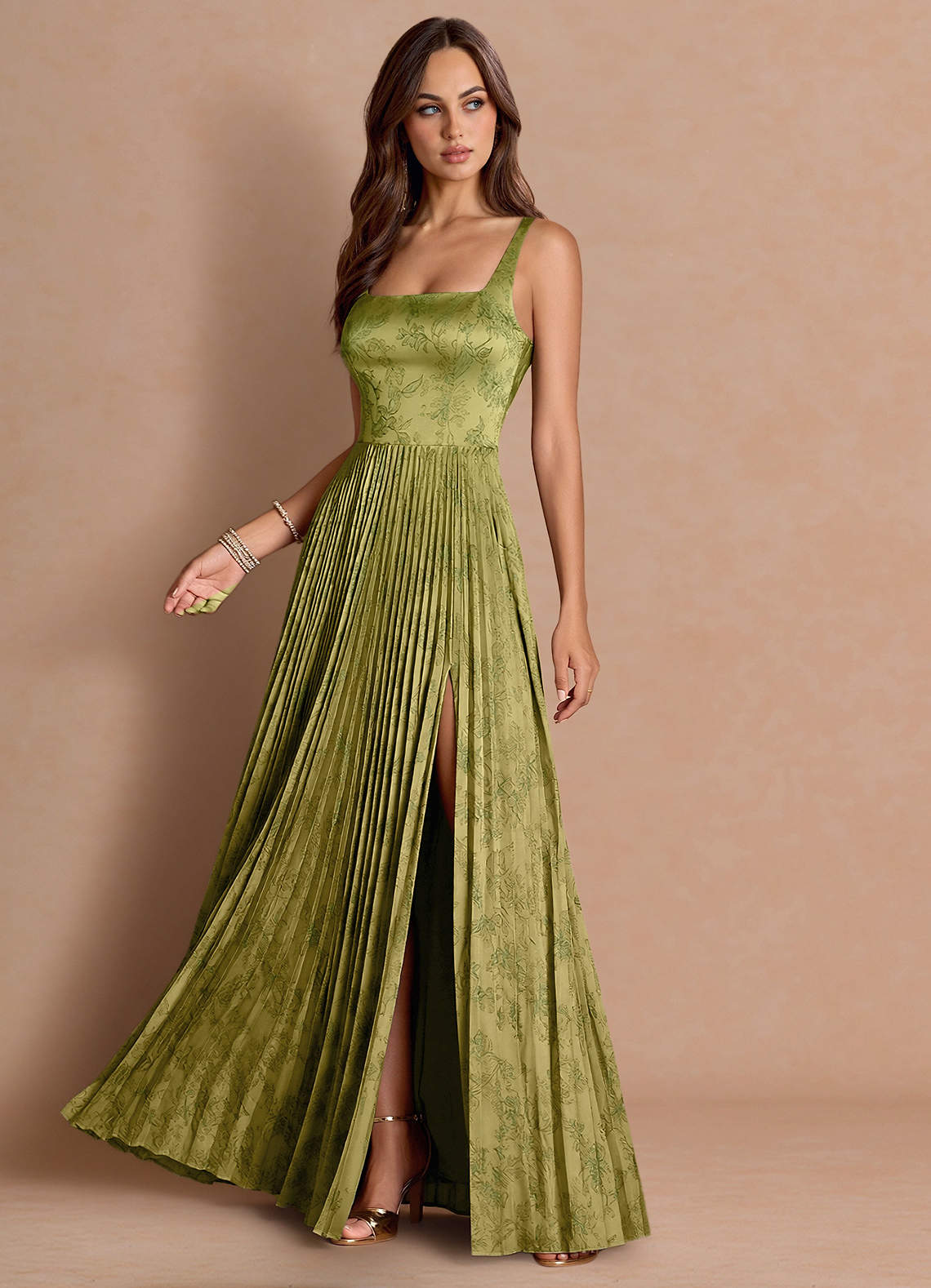 Tatiana A-Line Square-Neck Jacquard Wedding Guest Dress in Moss Navy
