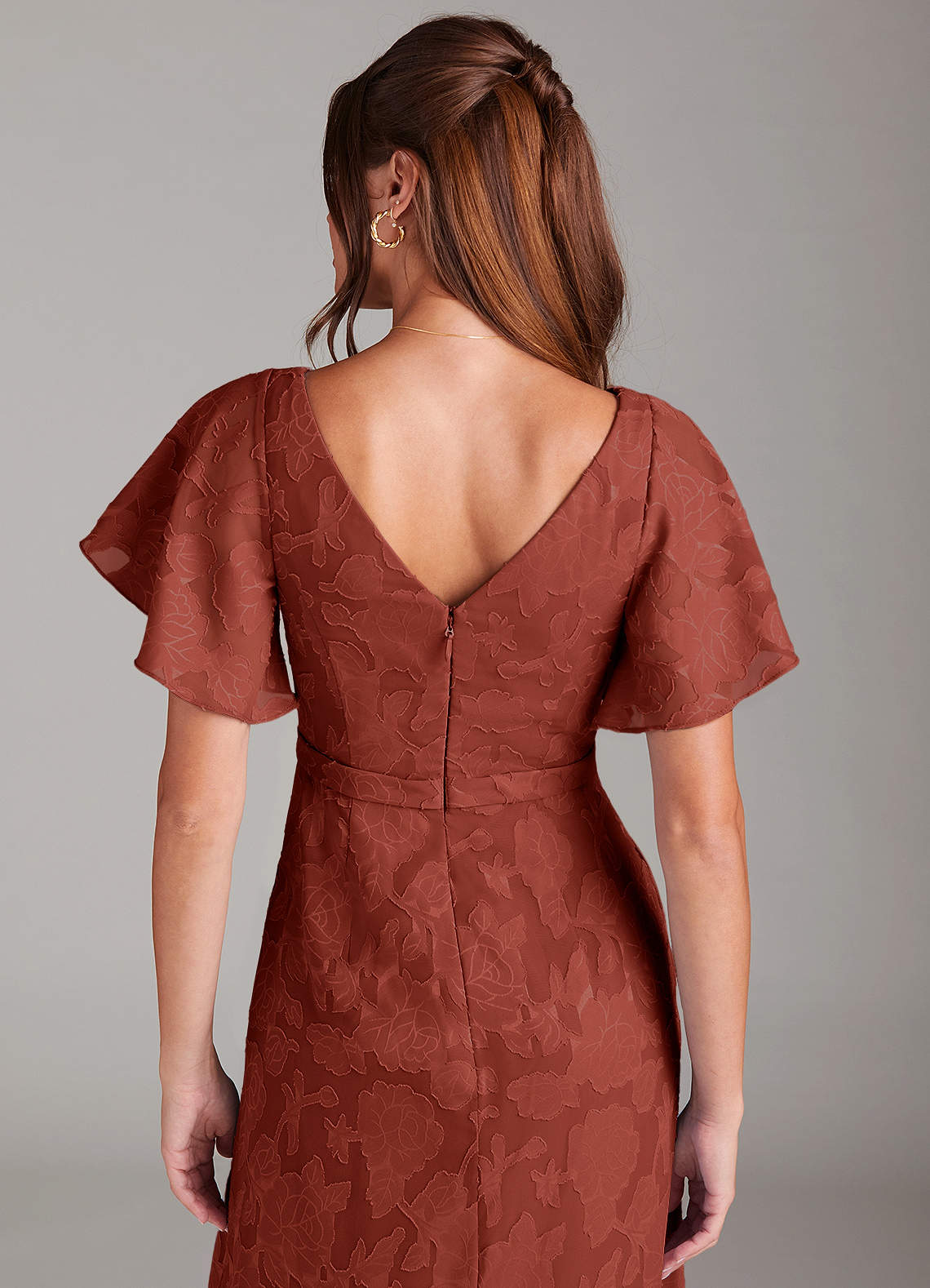 Ambrosia A-Line V-Neck Floral Burnout Bridesmaid Dress in Terracotta