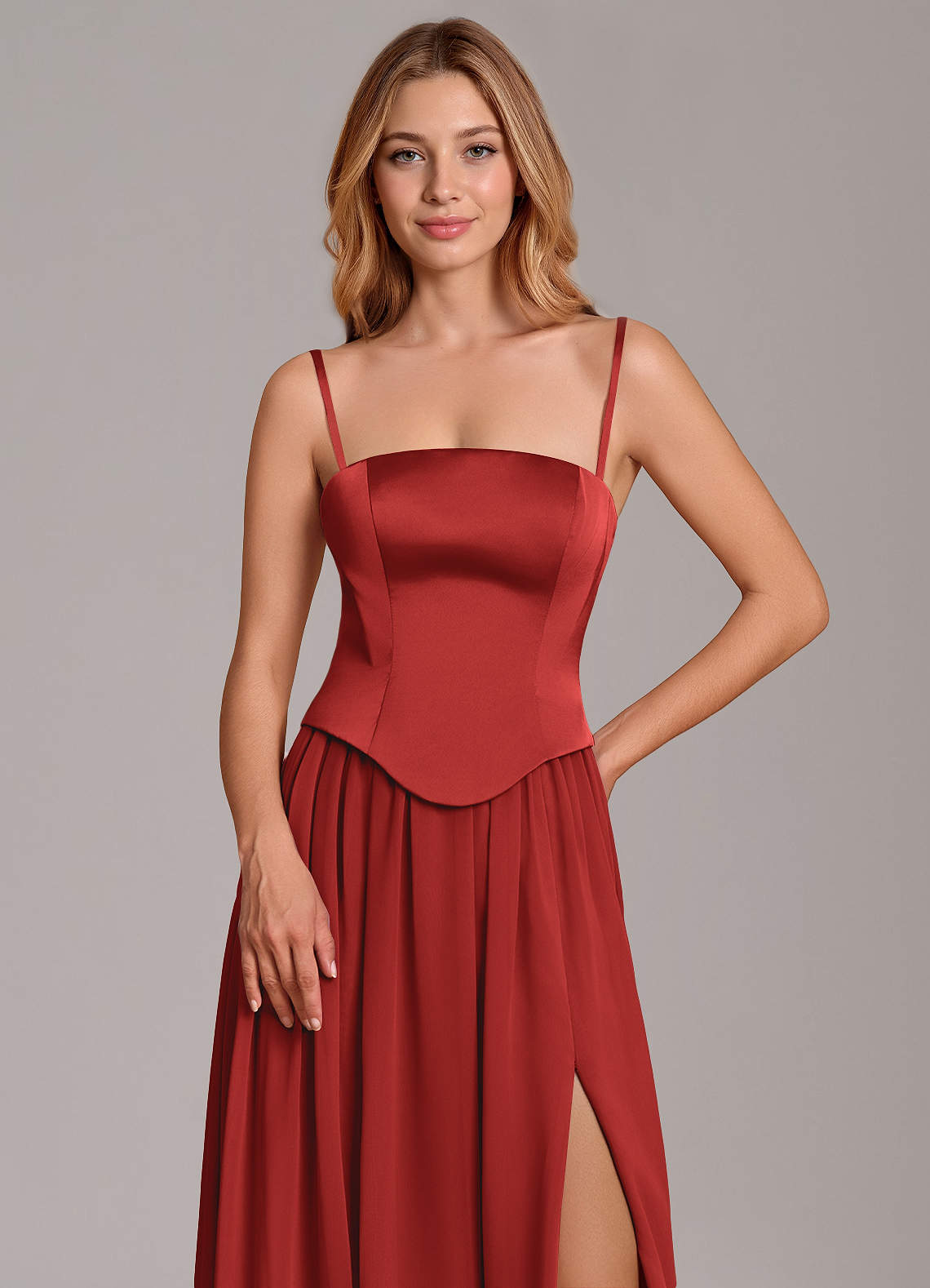 Cadence A-Line Strapless Chiffon and Stretch Satin Bridesmaid Dress in Pomegranate