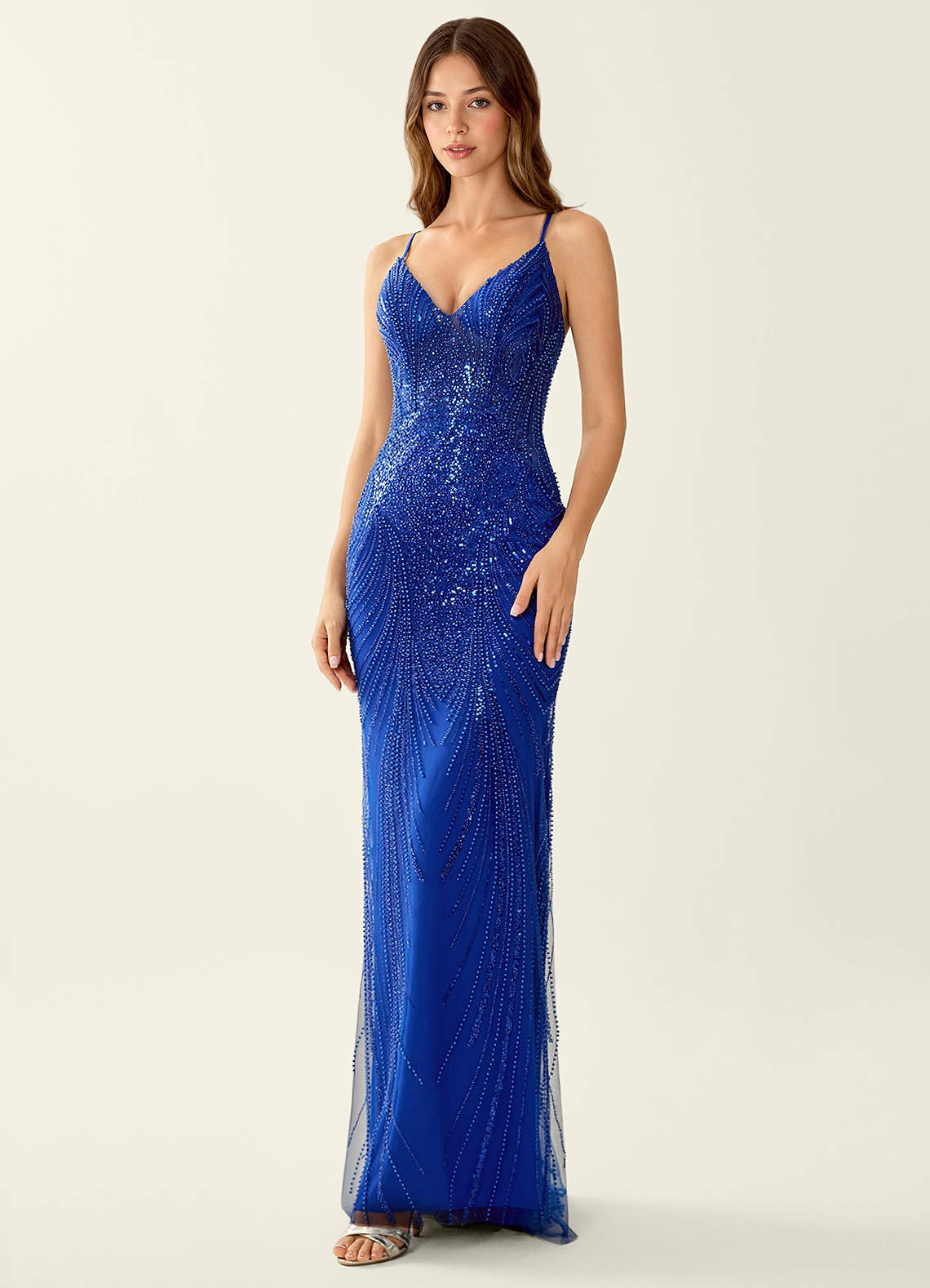 Magnolia Mermaid Beaded Sequined Stretch Mesh Evening Dress in Royal Blue