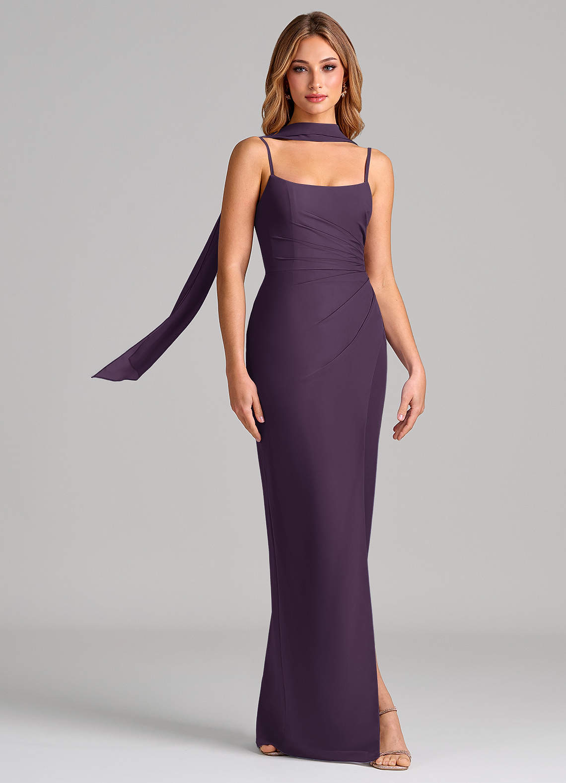 Calandra Sheath Scoop-Neck Chiffon Bridesmaid Dress in Plum