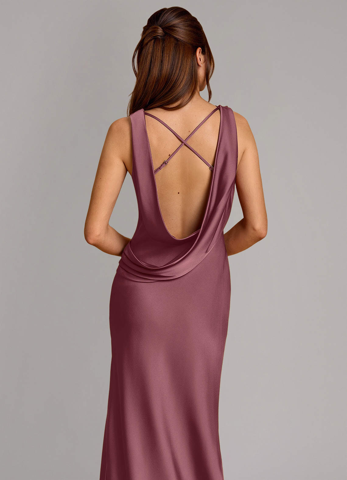 Cheryl Mermaid Cowl-Neck Stretch Satin Bridesmaid Dress in Desert Rose