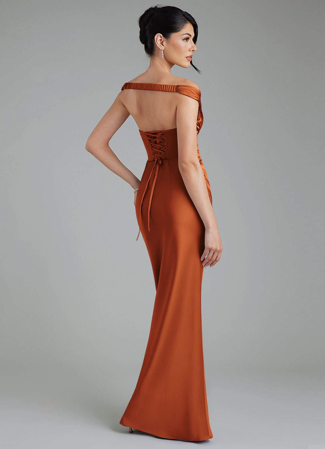 Stella Sheath V-Neck Stretch Satin Bridesmaid Dress in Cinnamon