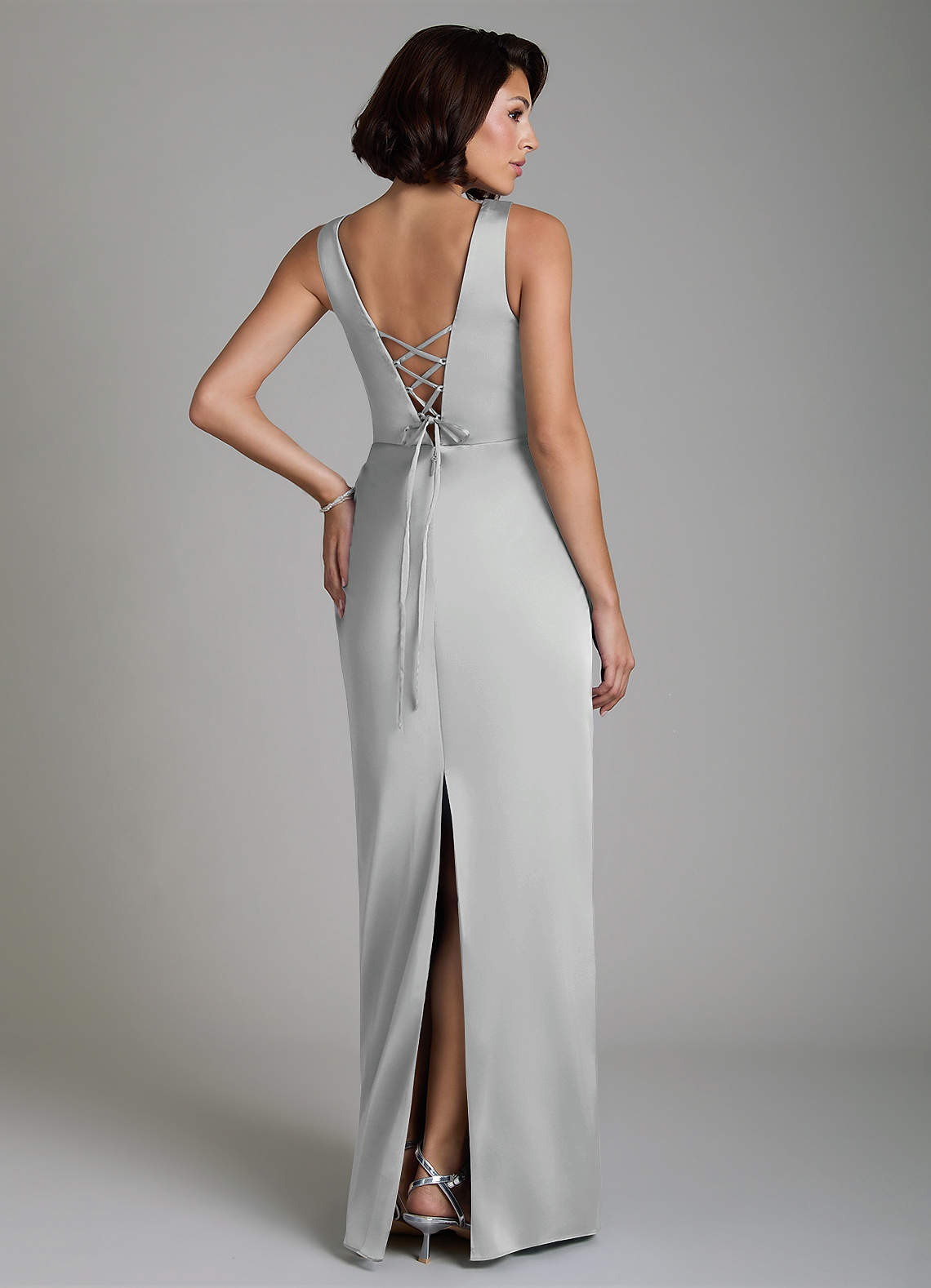Vanya Sheath V-Neck Stretch Satin Bridesmaid Dress in Silver
