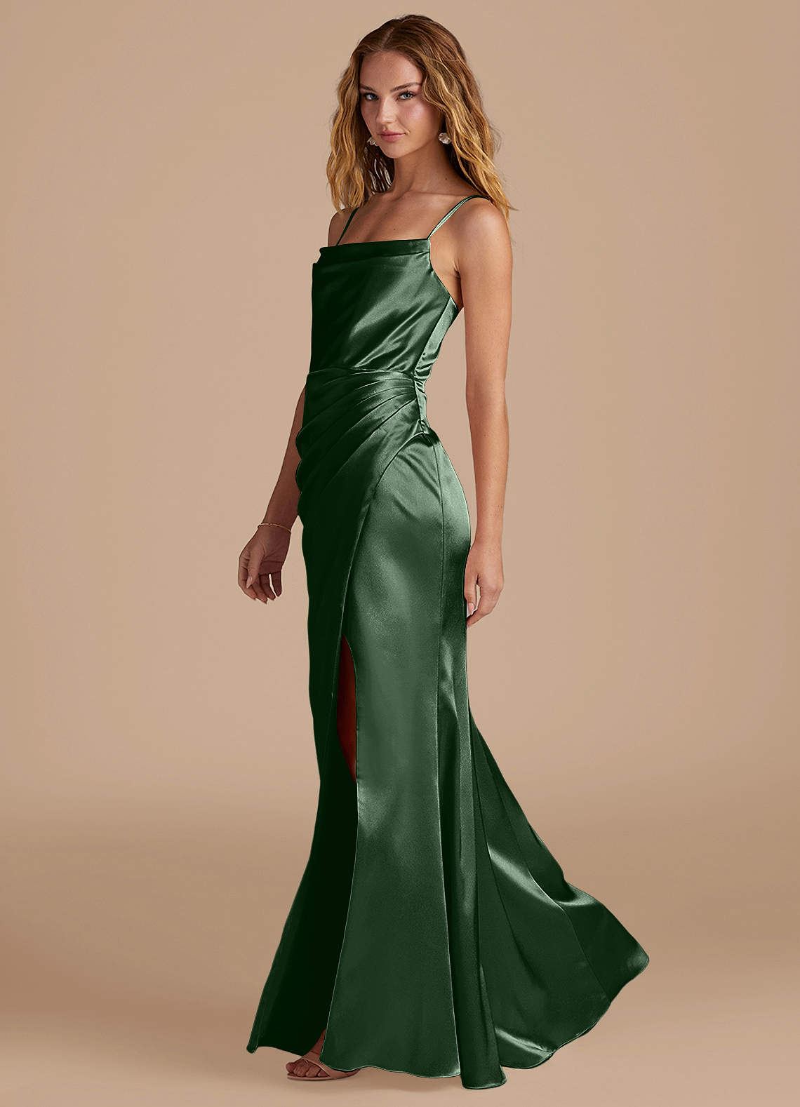 Marzia Mermaid Square-Neck Metallic Satin Bridesmaid Dress in Eucalyptus