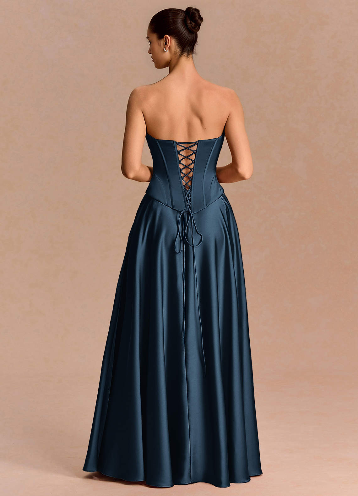 Eponine A-Line Pleated Stretch Satin Evening Dress in Navy