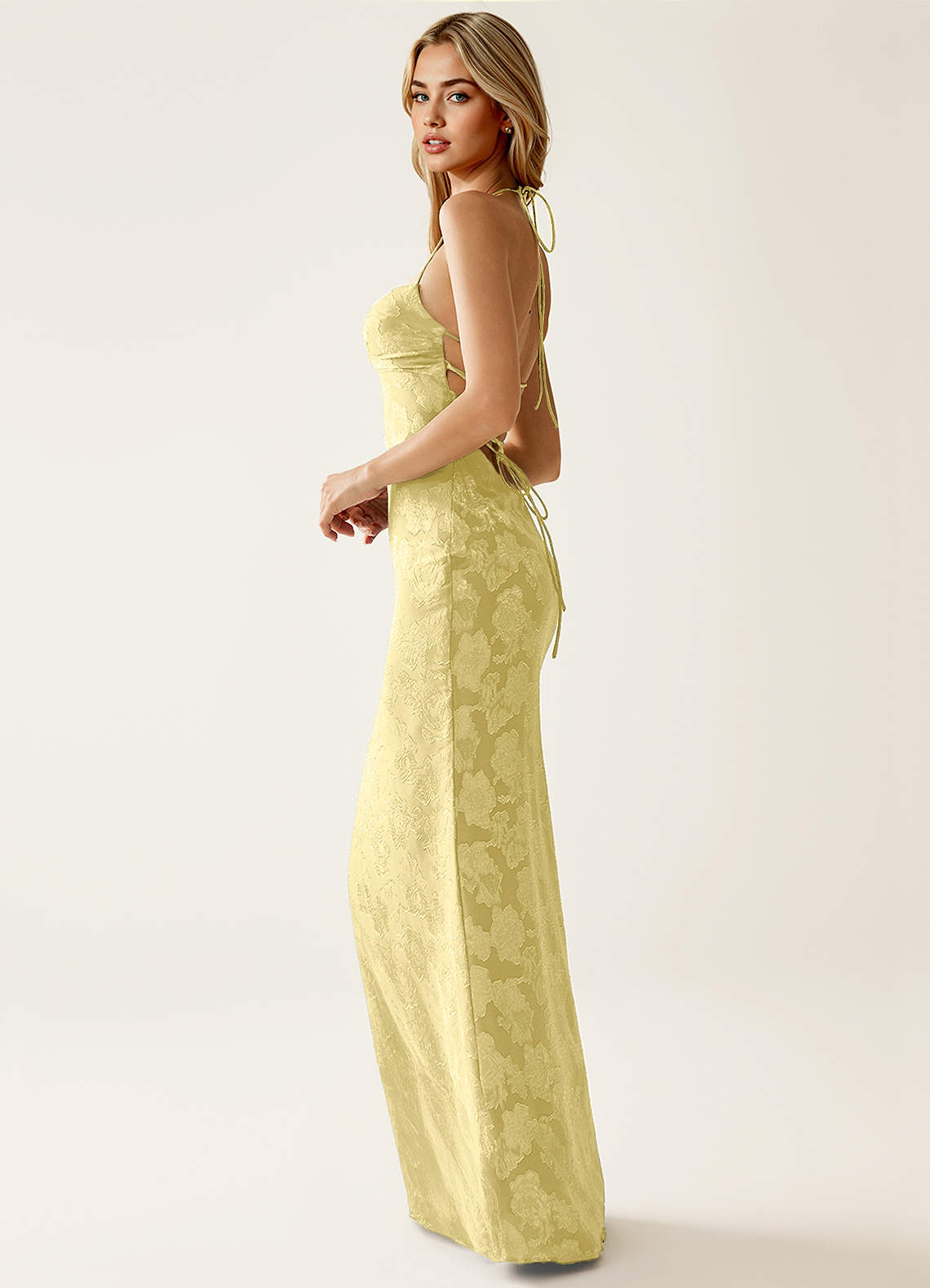 Angena Sheath Halter Floral Burnout Evening Dress in Lemon Sorbet