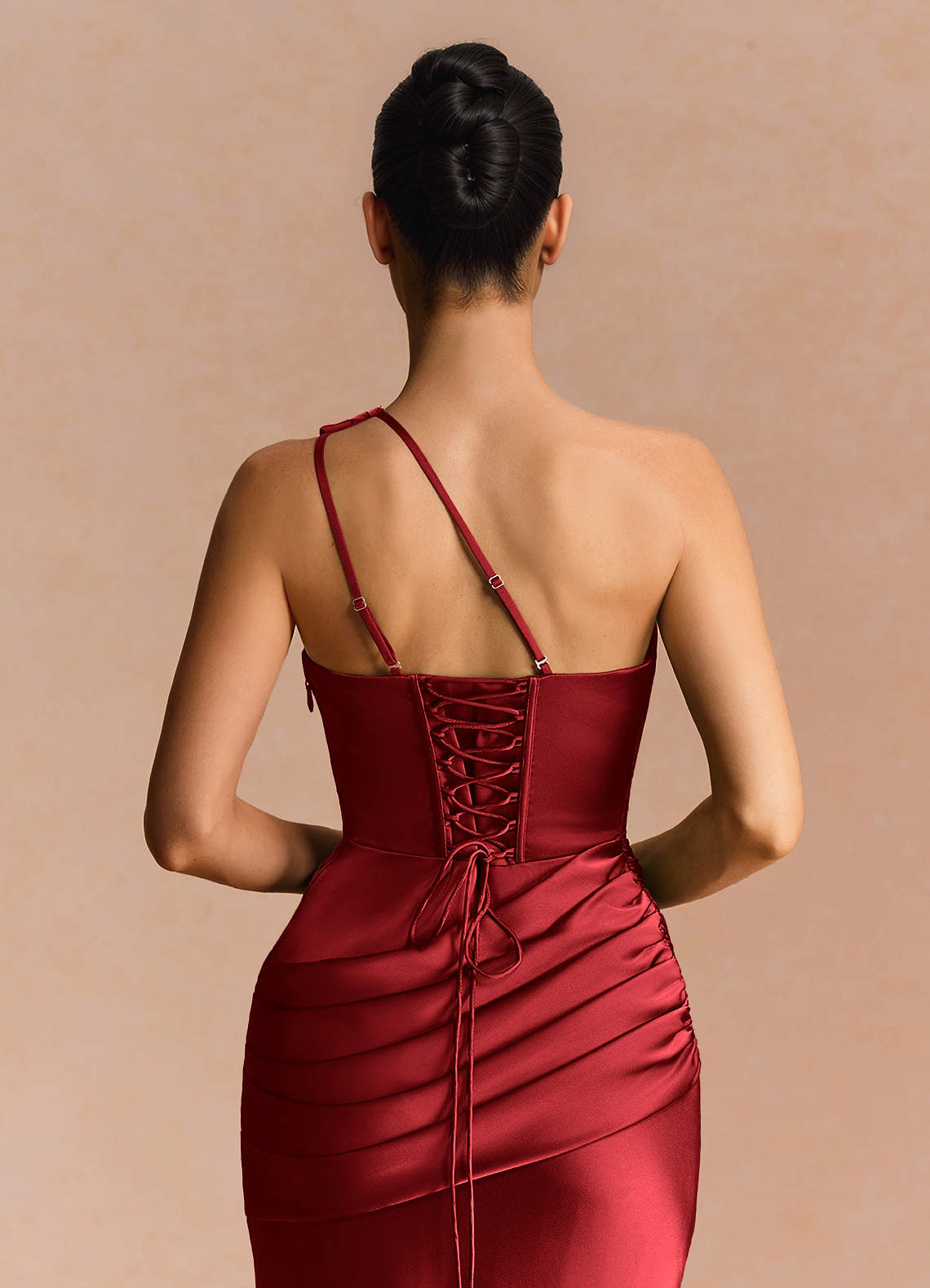 Guinevere One-Shoulder Cutout Stretch Satin Evening Dress in Cherry Red