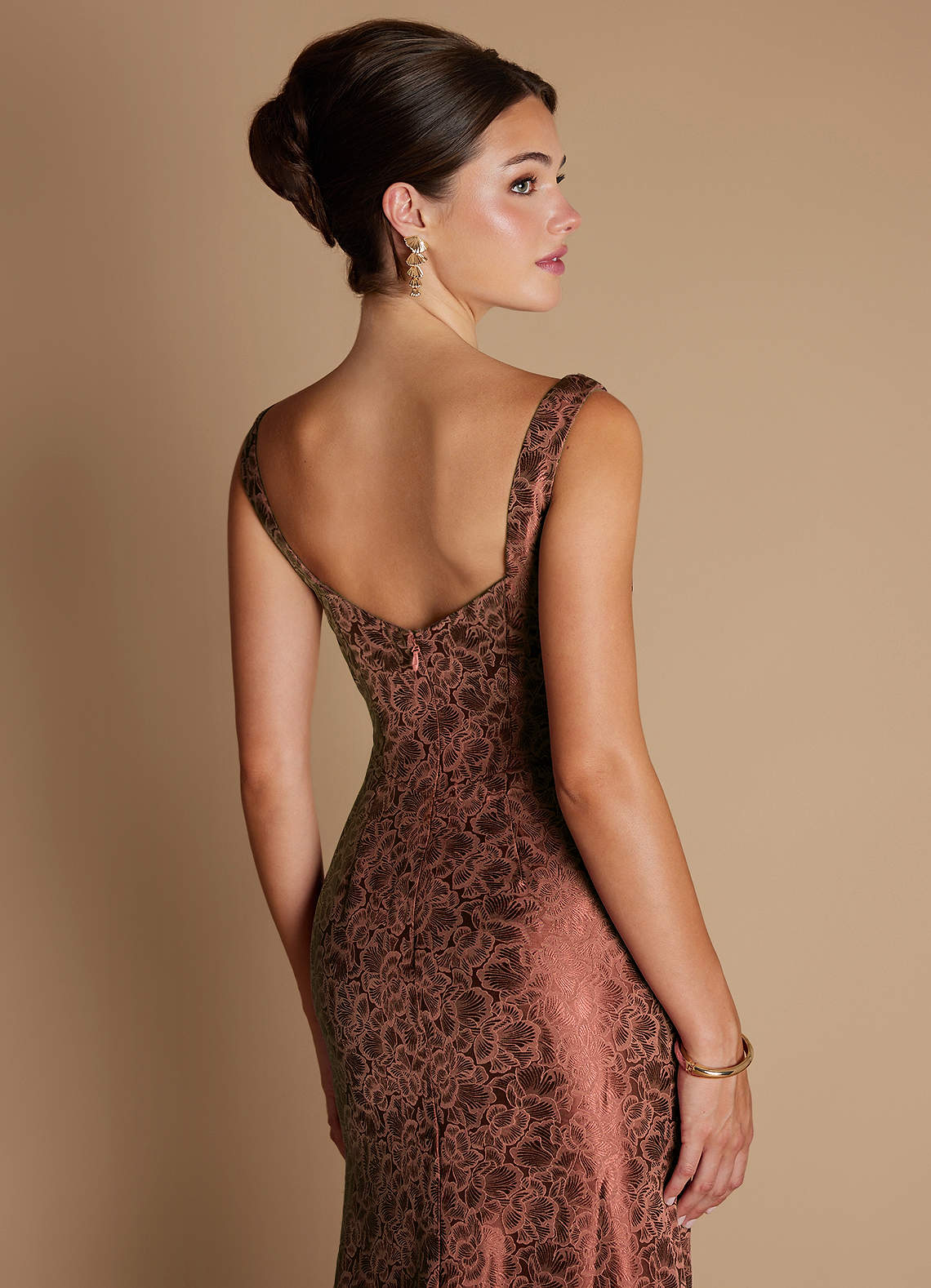 Kiana Mermaid Scoop-Neck Jacquard Wedding Guest Dress in Brick Red