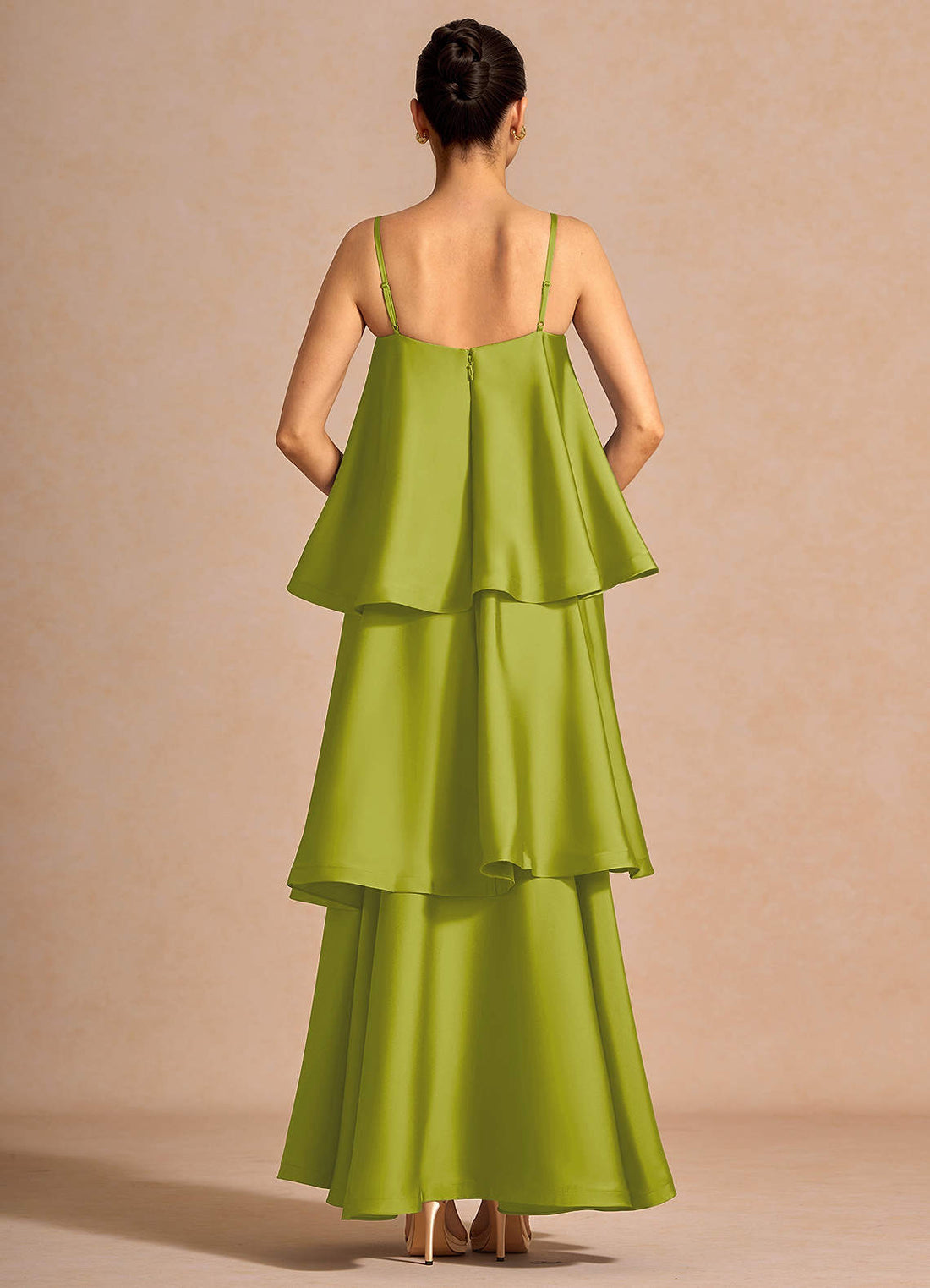 Itasca A-Line Tiered Stretch Satin Wedding Guest Dress in Lemon Green