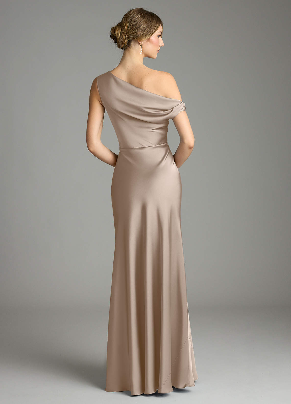 Emerson Mermaid One-Shoulder Stretch Satin Bridesmaid Dress in Taupe