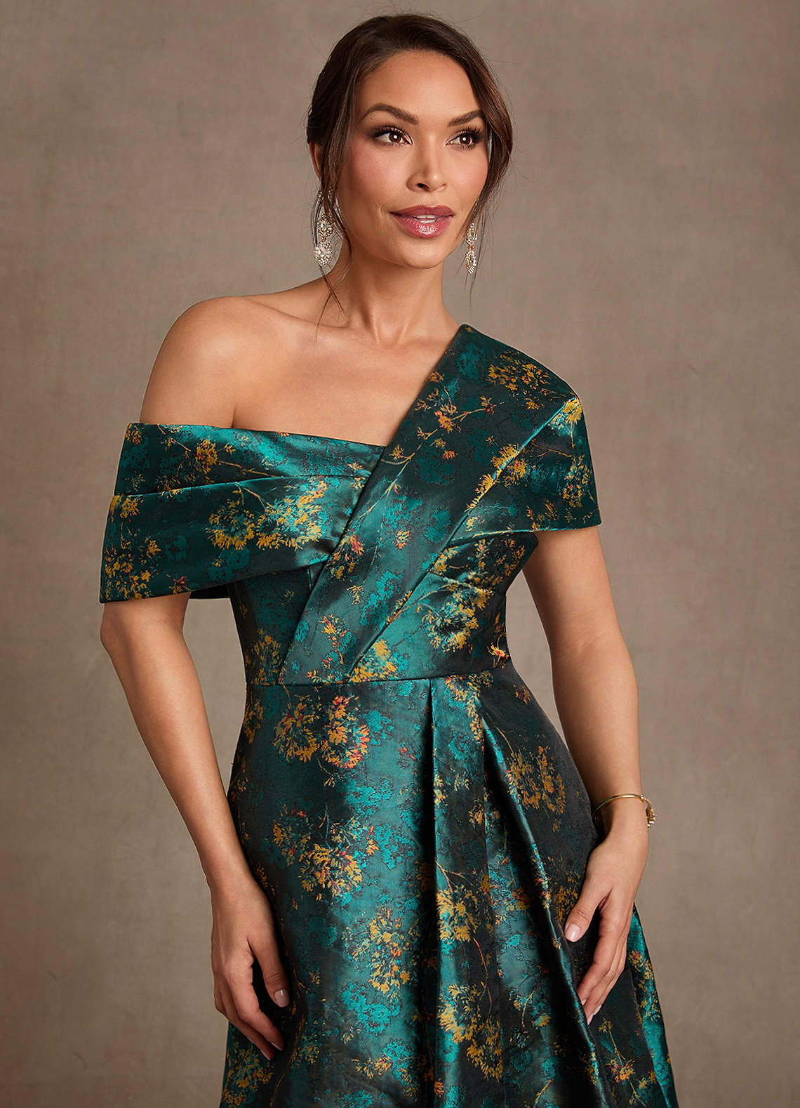 Nonie A-Line Off-the-Shoulder Jacquard Mother of the Bride Dress in Deep Green