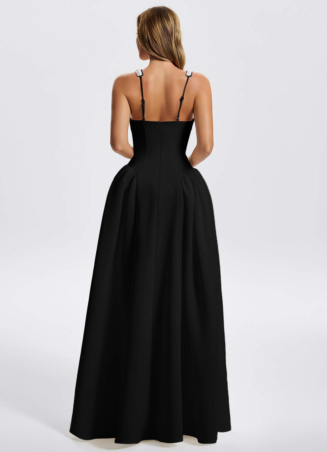Kaelin A-Line Square-Neck Stretch Knit Evening Dress in Black