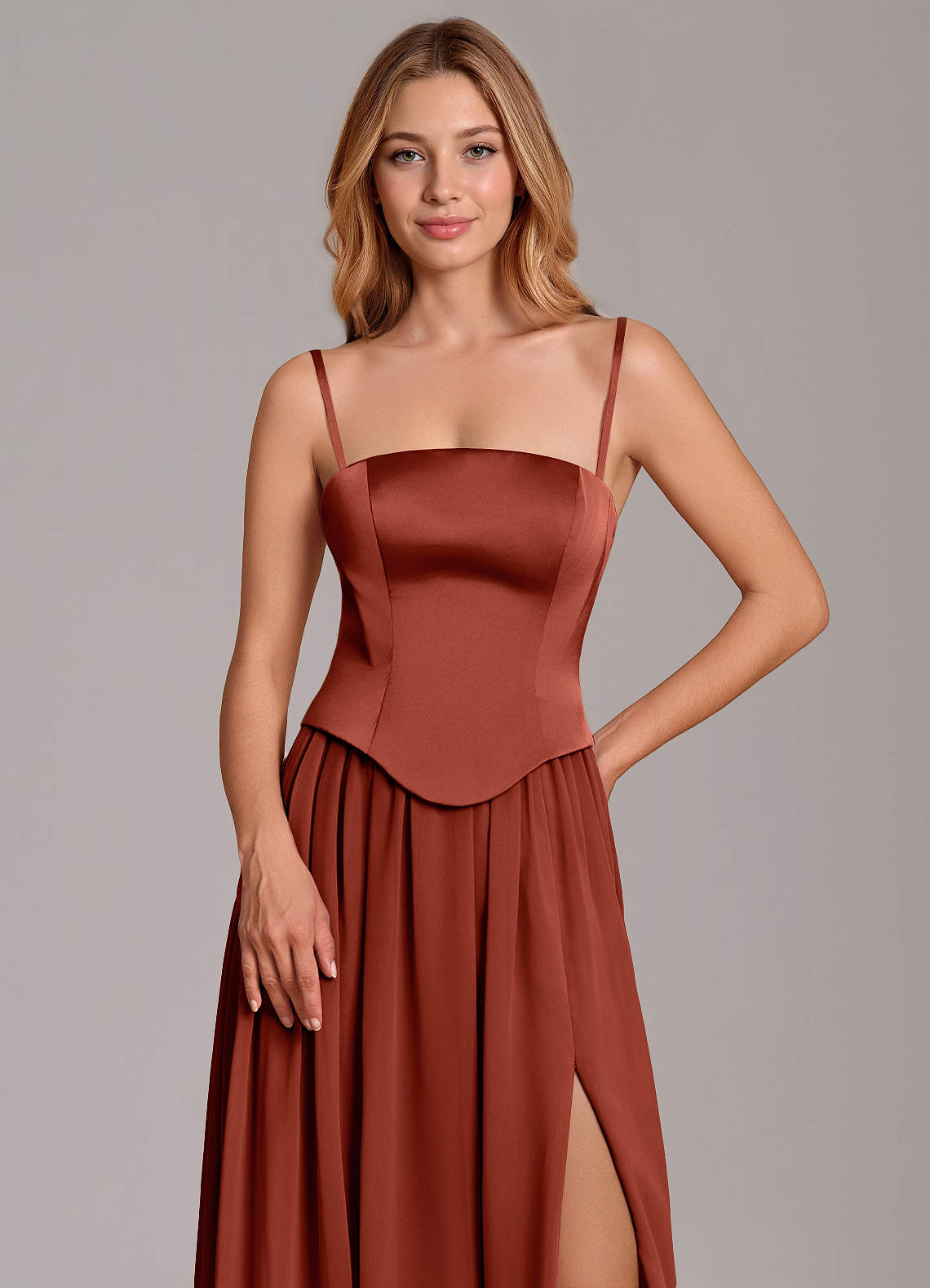Cadence A-Line Strapless Chiffon and Stretch Satin Bridesmaid Dress in Terracotta