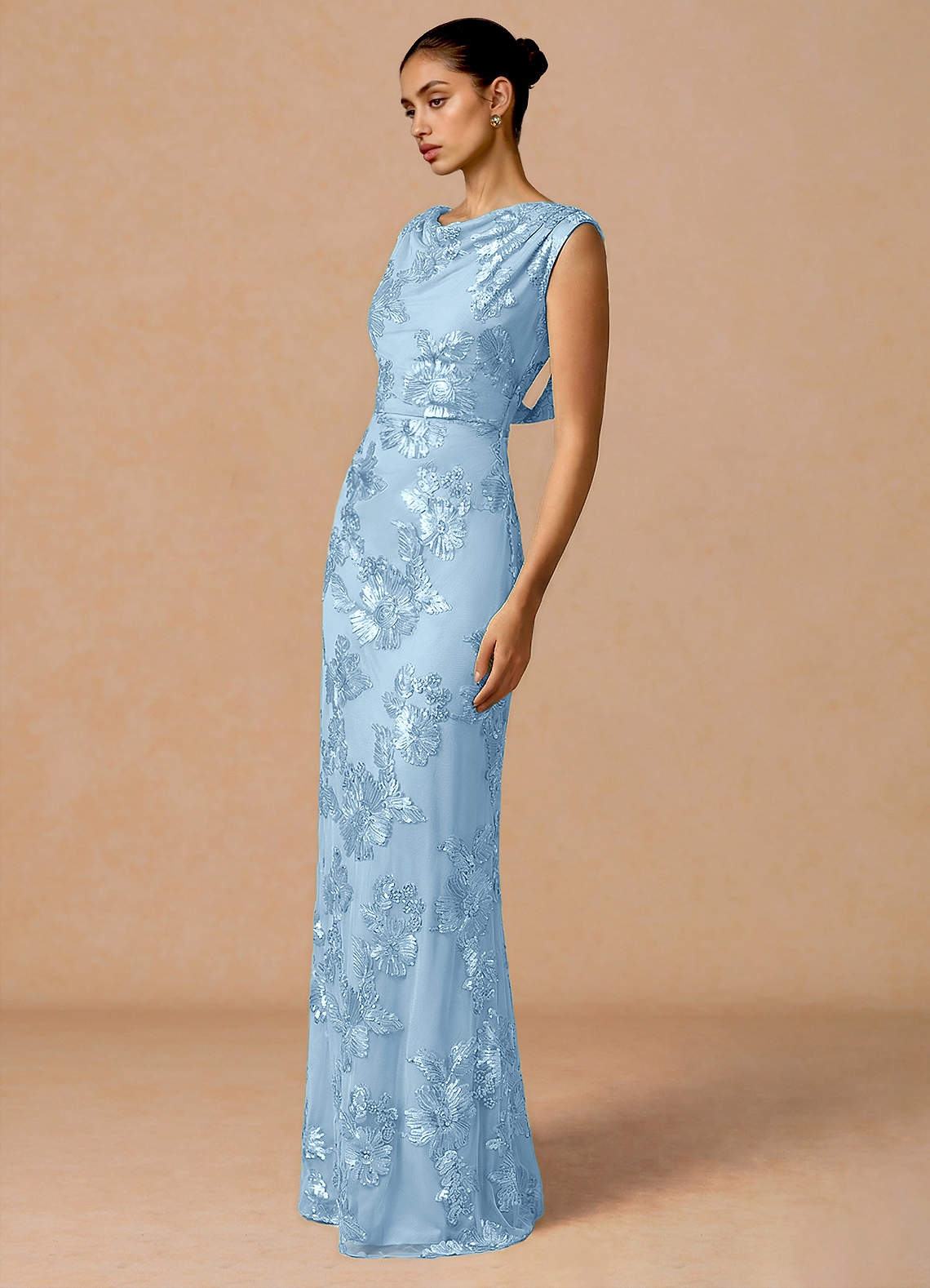 Elowis Column Open-Back Floral Mesh Evening Dress in Sky Blue