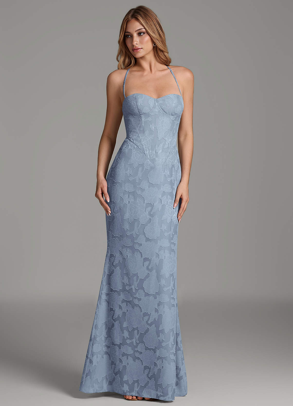 Dara Mermaid Sweetheart Floral Burnout Bridesmaid Dress in dusty blue