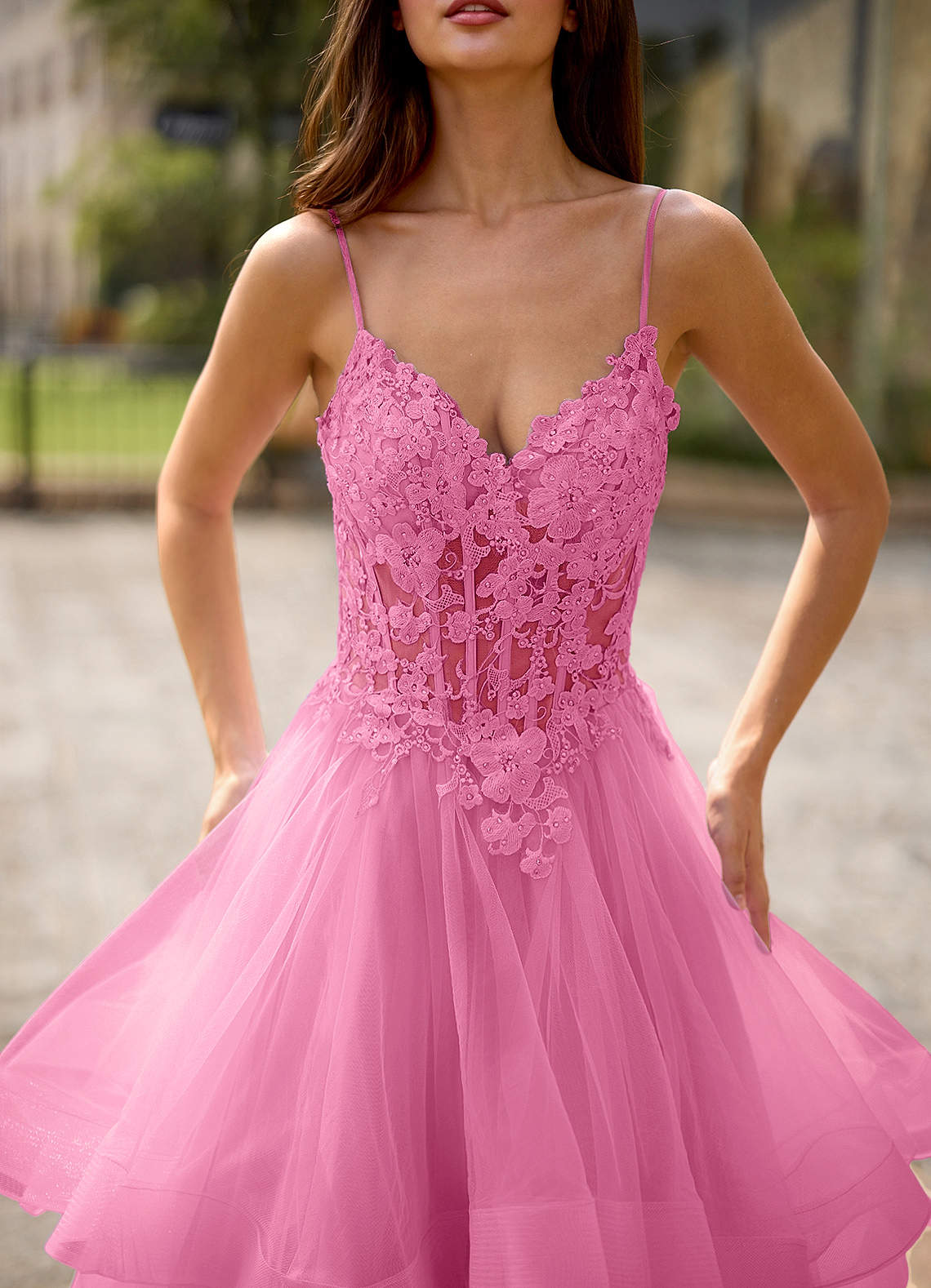 Spitze Ball Gown Sweetheart Lace Tulle Evening Dress in candy pink