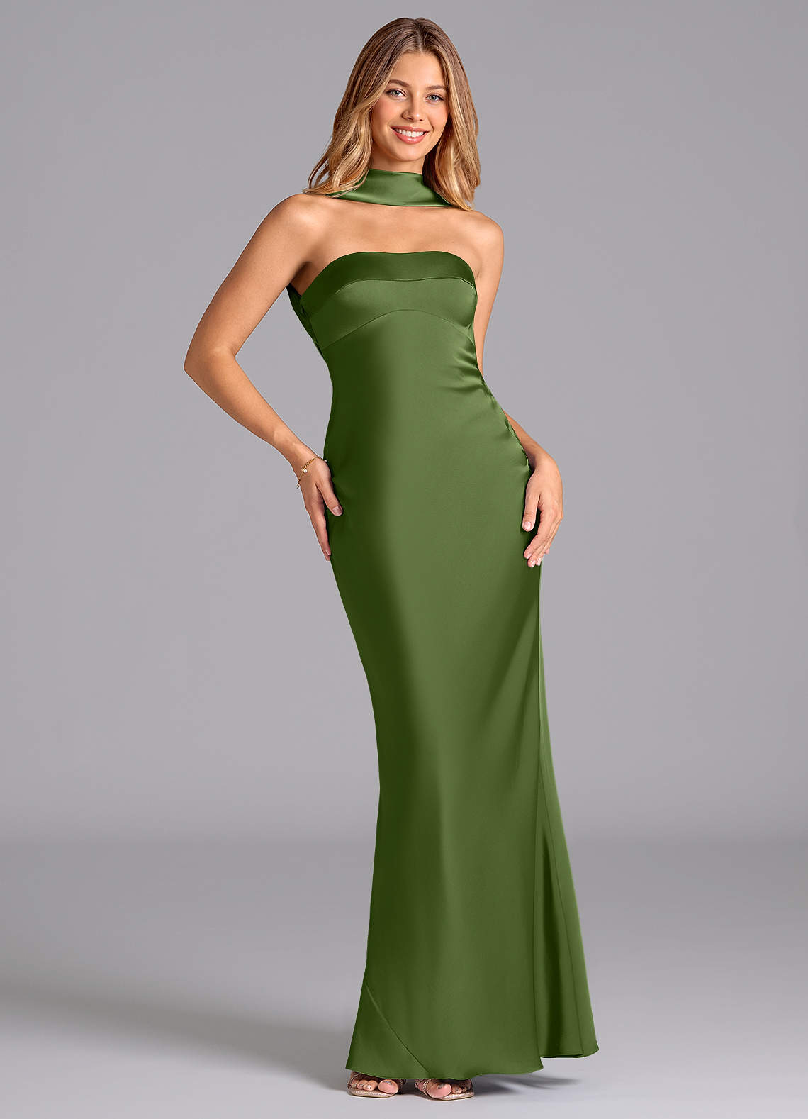 Lusinda Mermaid Strapless Stretch Satin Bridesmaid Dress in Juniper