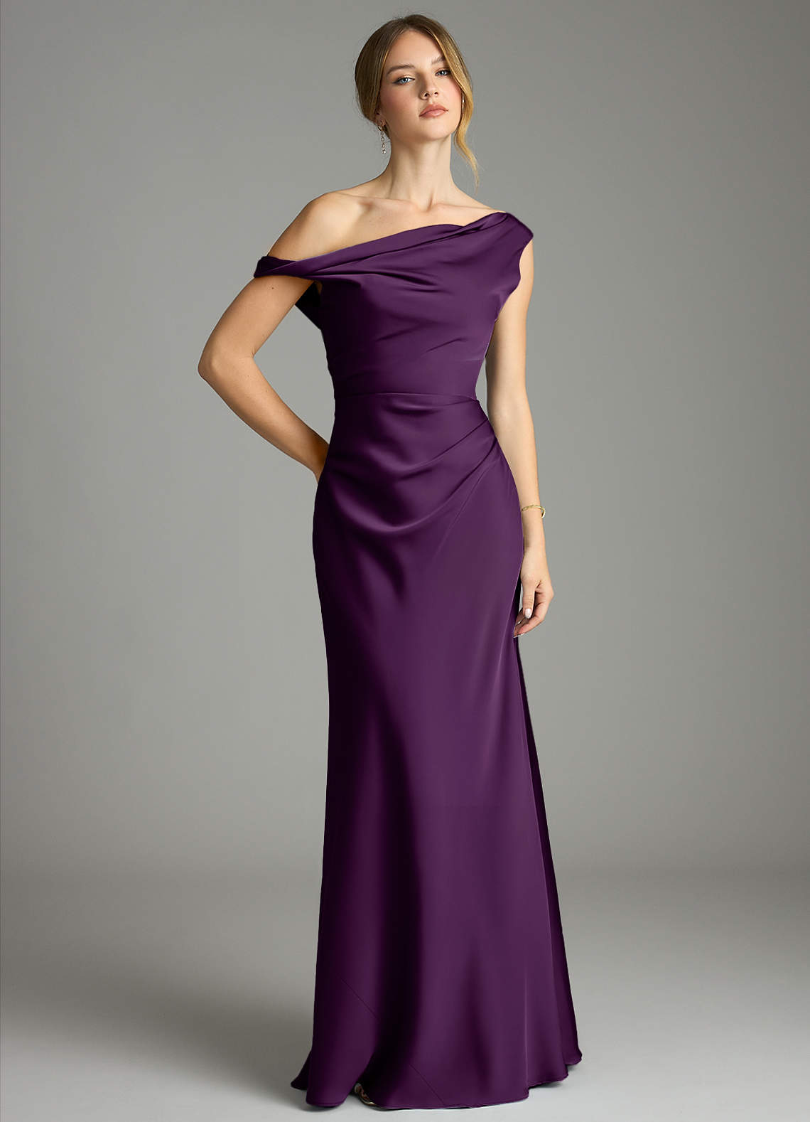 Emerson Mermaid One-Shoulder Stretch Satin Bridesmaid Dress in Grape