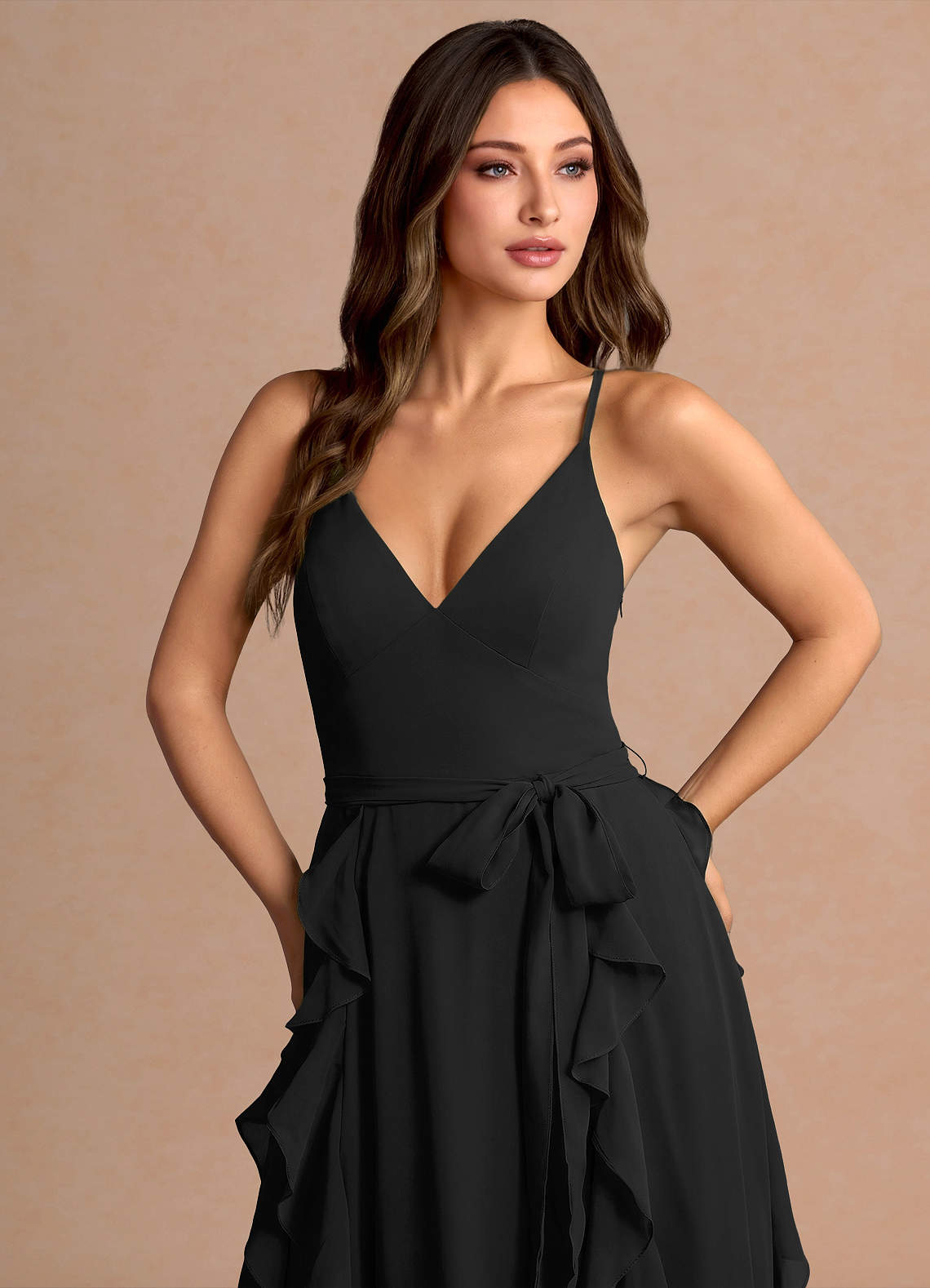 Alouette A-Line V-Neck Chiffon Evening Dress in black