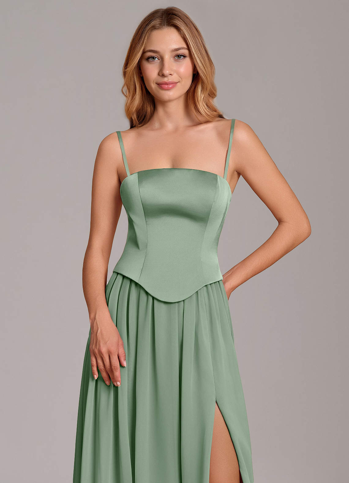 Cadence A-Line Strapless Chiffon and Stretch Satin Bridesmaid Dress in Matcha