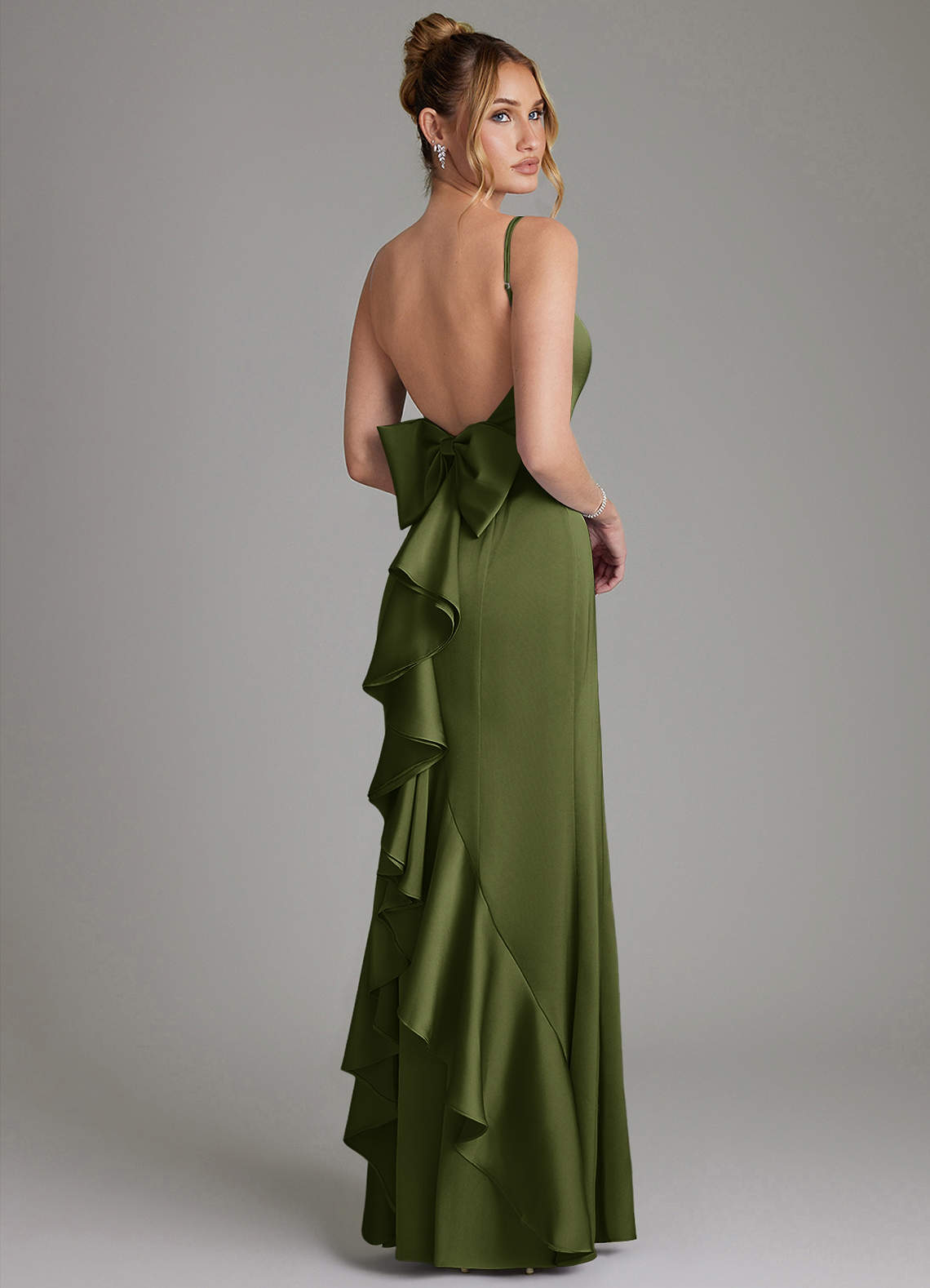 Zherra Mermaid Scoop-Neck Stretch Satin Bridesmaid Dress in Olive