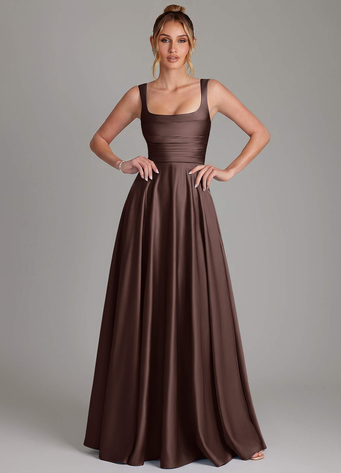 Azaria A-Line Square-Neck Stretch Satin Bridesmaid Dress in Ganache