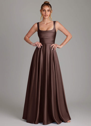 Azaria A-Line Square-Neck Stretch Satin Bridesmaid Dress in Ganache