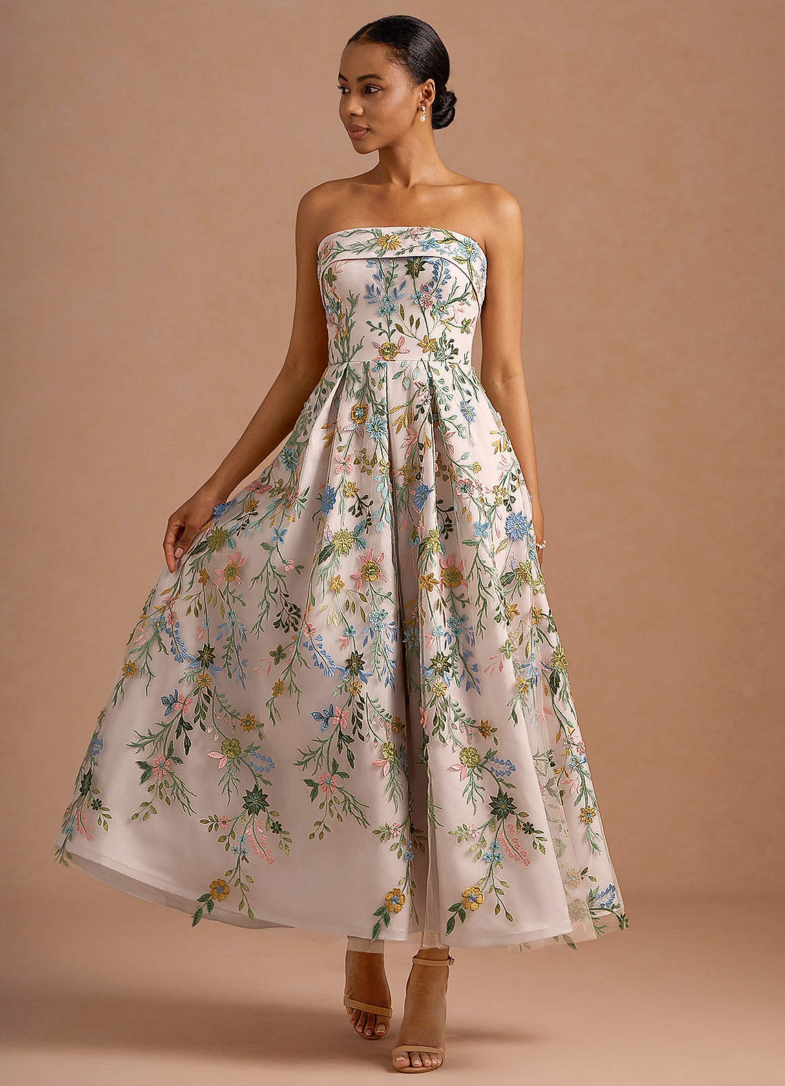 Evangeline Strapless Corset Floral Lace Evening Dress in Blush Pink Multi