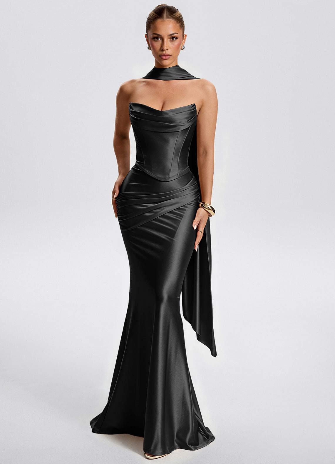 Fernley Mermaid Corset Stretch Satin Evening Dress in Ganache