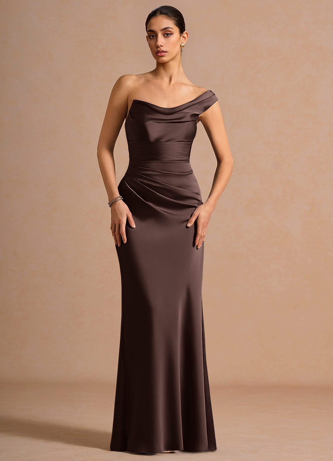Cassiopeia One-Shoulder Draped Stretch Satin Evening Dress in Truffle