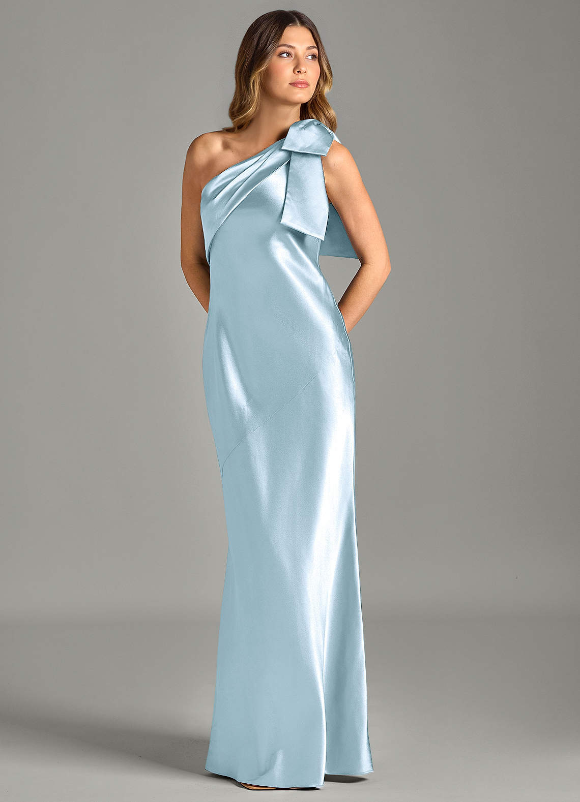 Yuanna Mermaid One-Shoulder Metallic Satin Bridesmaid Dress in Sky Blue