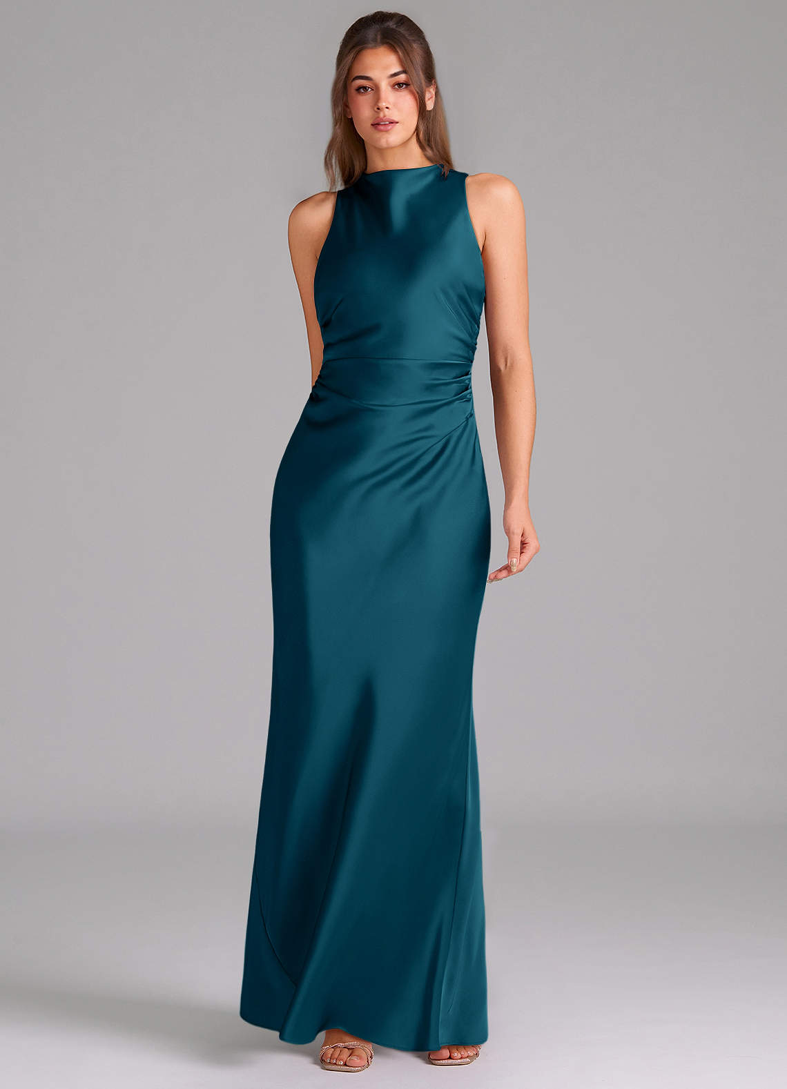 Evadne Sheath Scoop-Neck Stretch Satin Bridesmaid Dress in Ink Blue