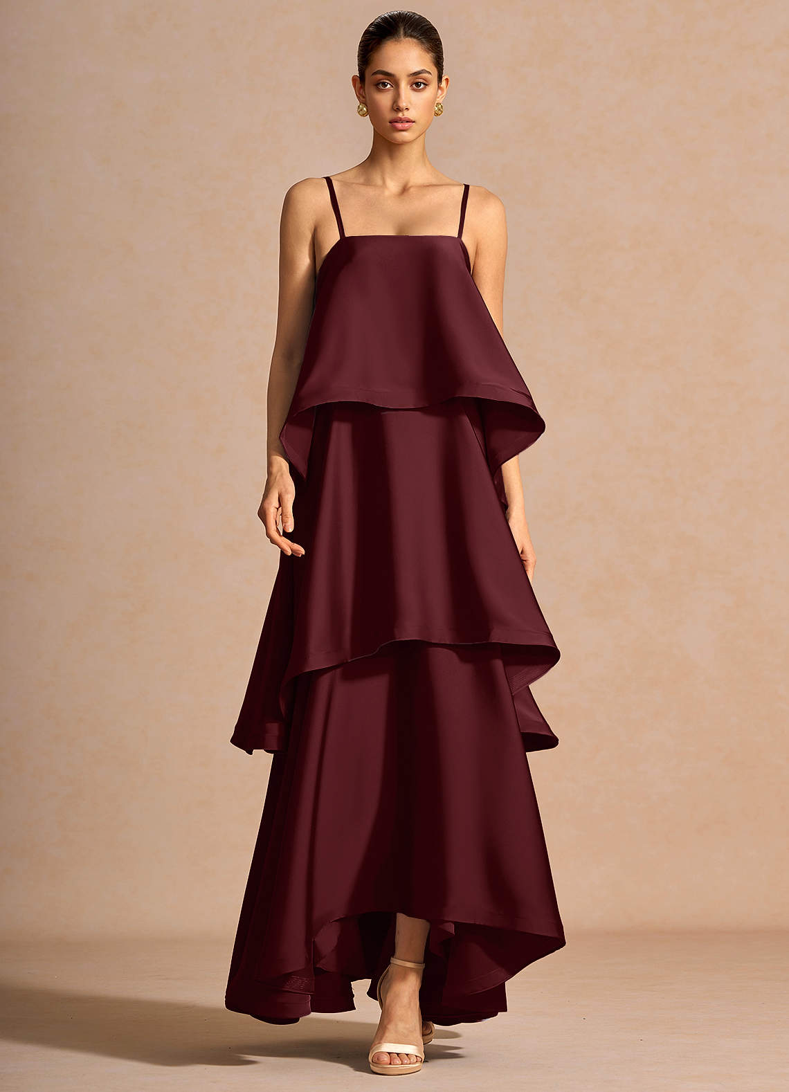 Itasca A-Line Tiered Stretch Satin Wedding Guest Dress in Lemon Green