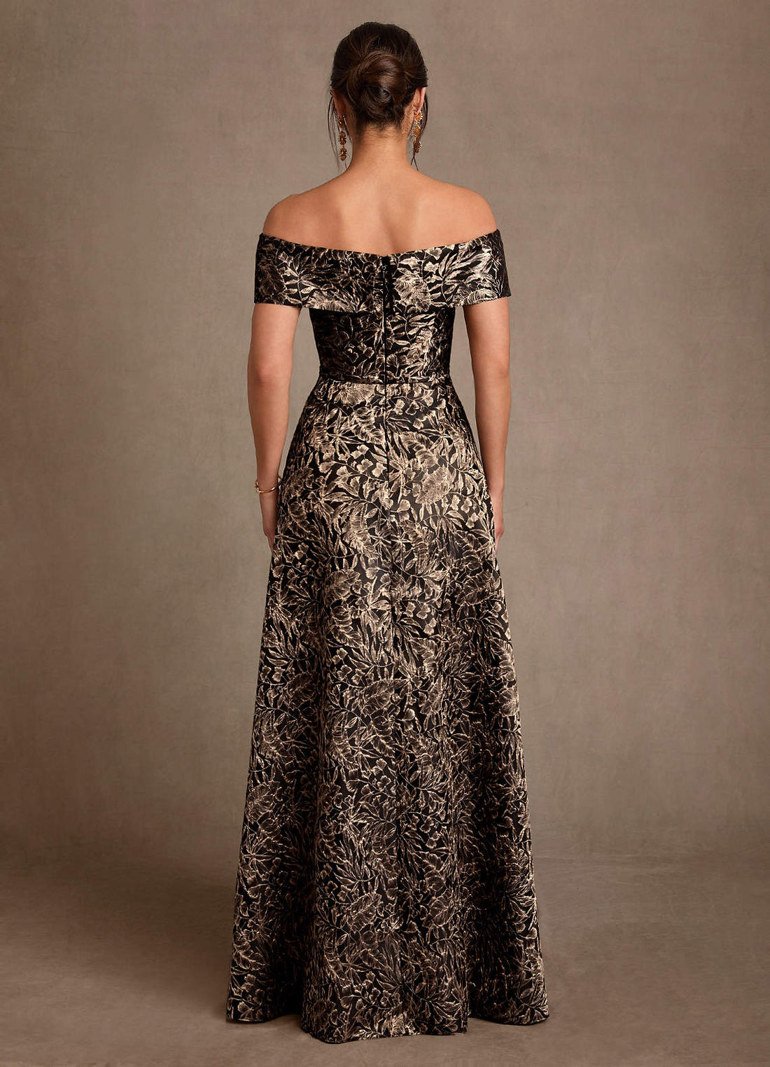 Jossie A-Line Off-the-Shoulder Jacquard Mother of the Bride Dress in Ebony Gold Jacquard