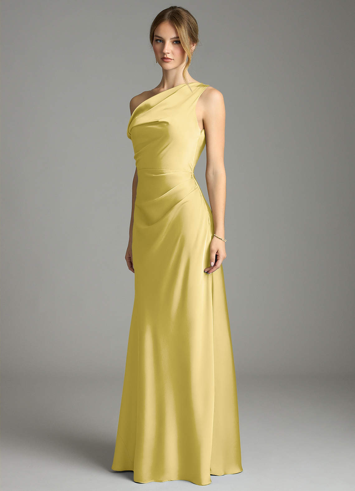 Emerson Mermaid One-Shoulder Stretch Satin Bridesmaid Dress in Canary