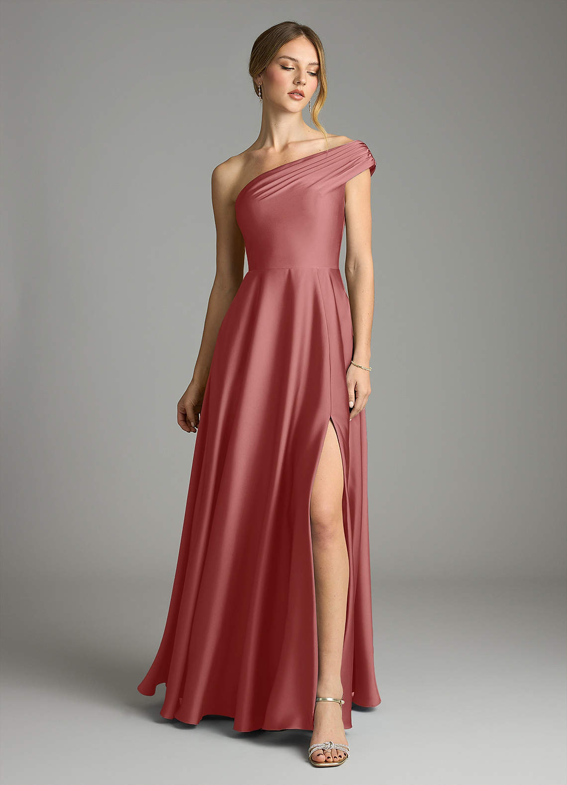 Melanie A-Line One-Shoulder Stretch Satin Bridesmaid Dress in Antique Rose
