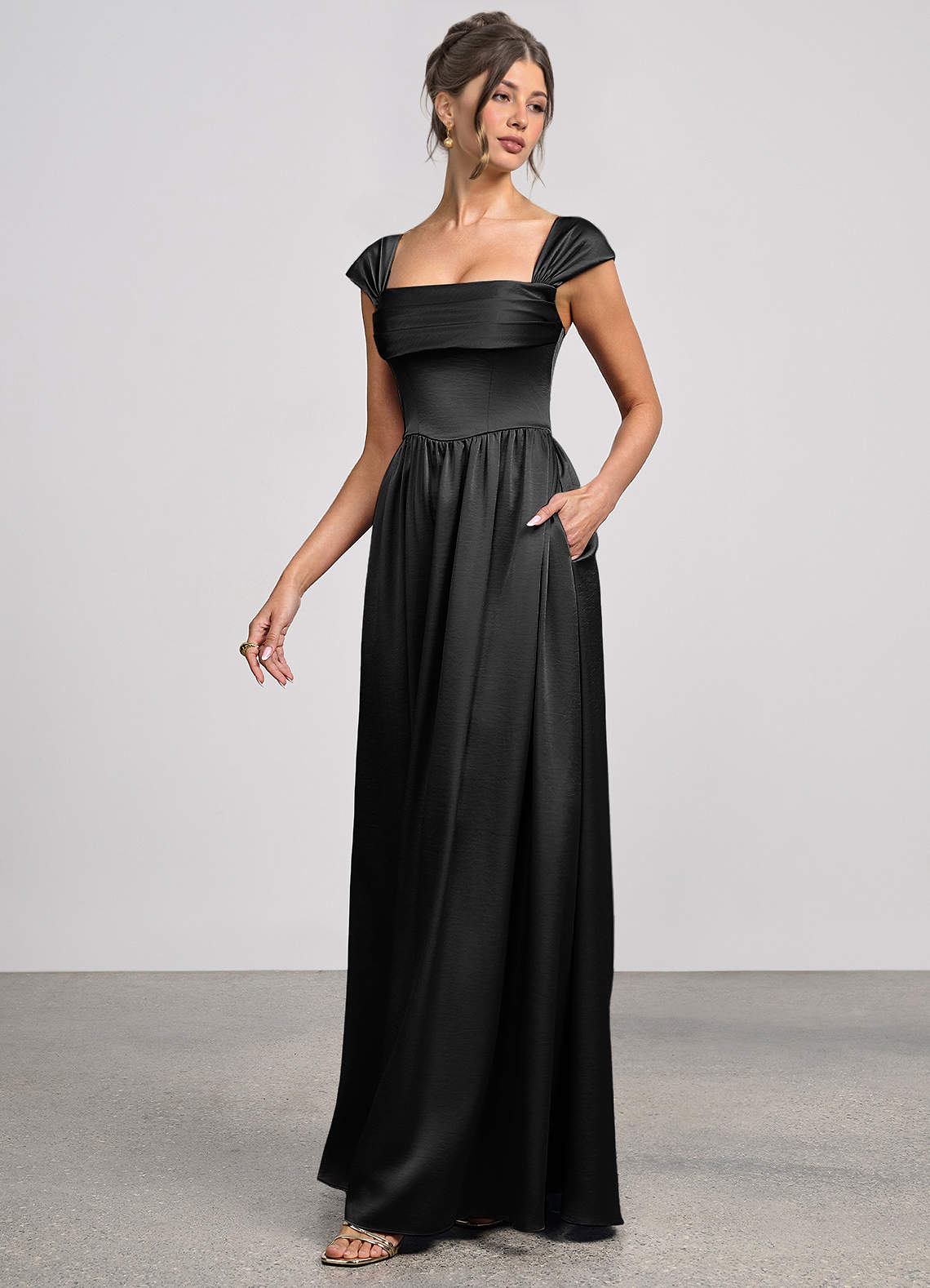 Odette A-Line Corset Luminous Satin Evening Dress in black