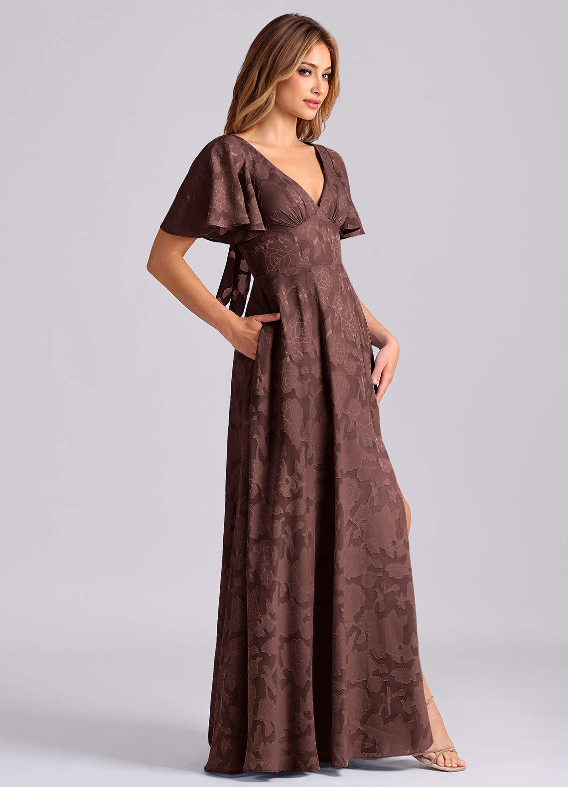Kimber A-Line V-Neck Floral Burnout Bridesmaid Dress in Espresso