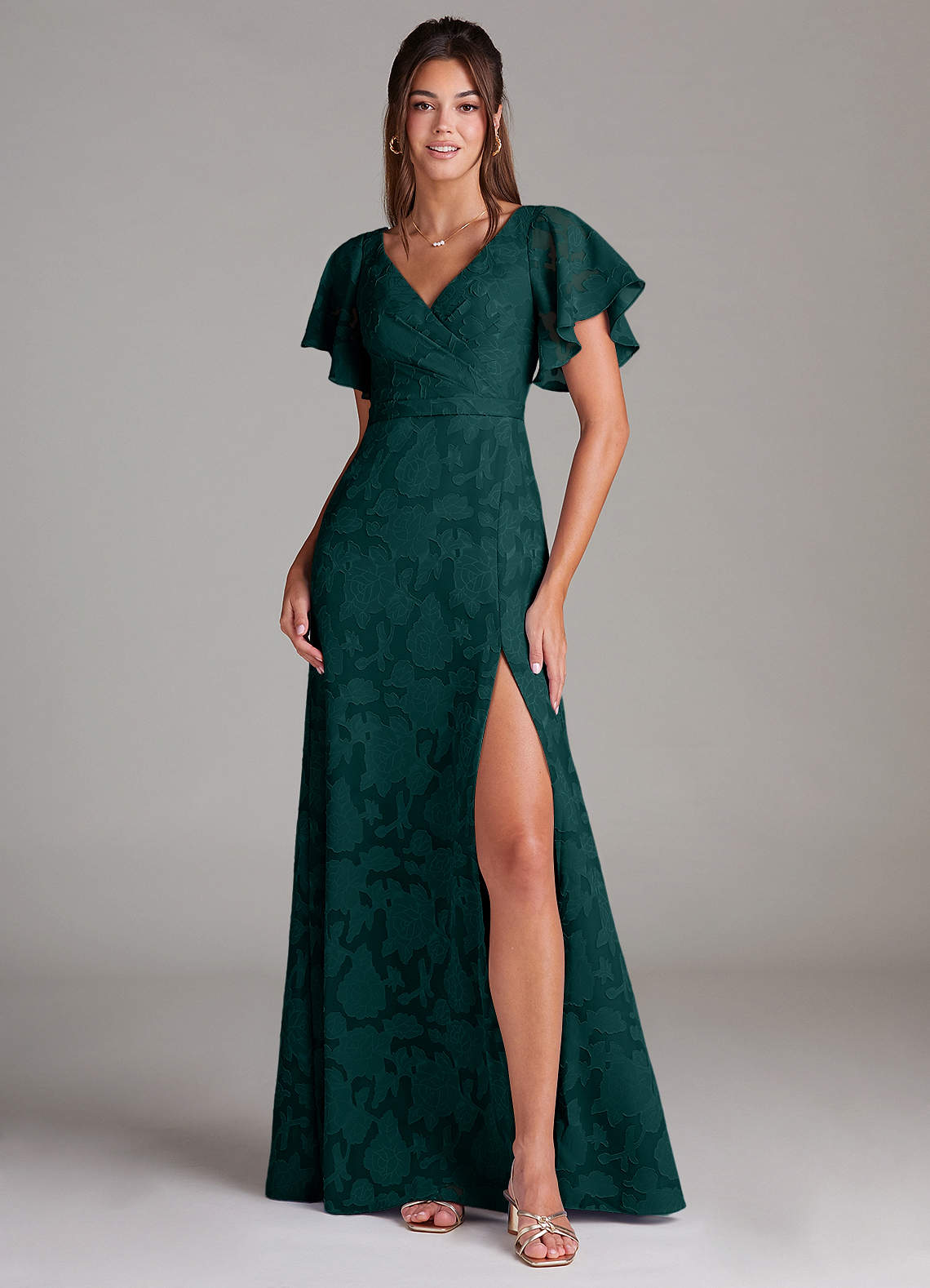 Ambrosia A-Line V-Neck Floral Burnout Bridesmaid Dress in Pine