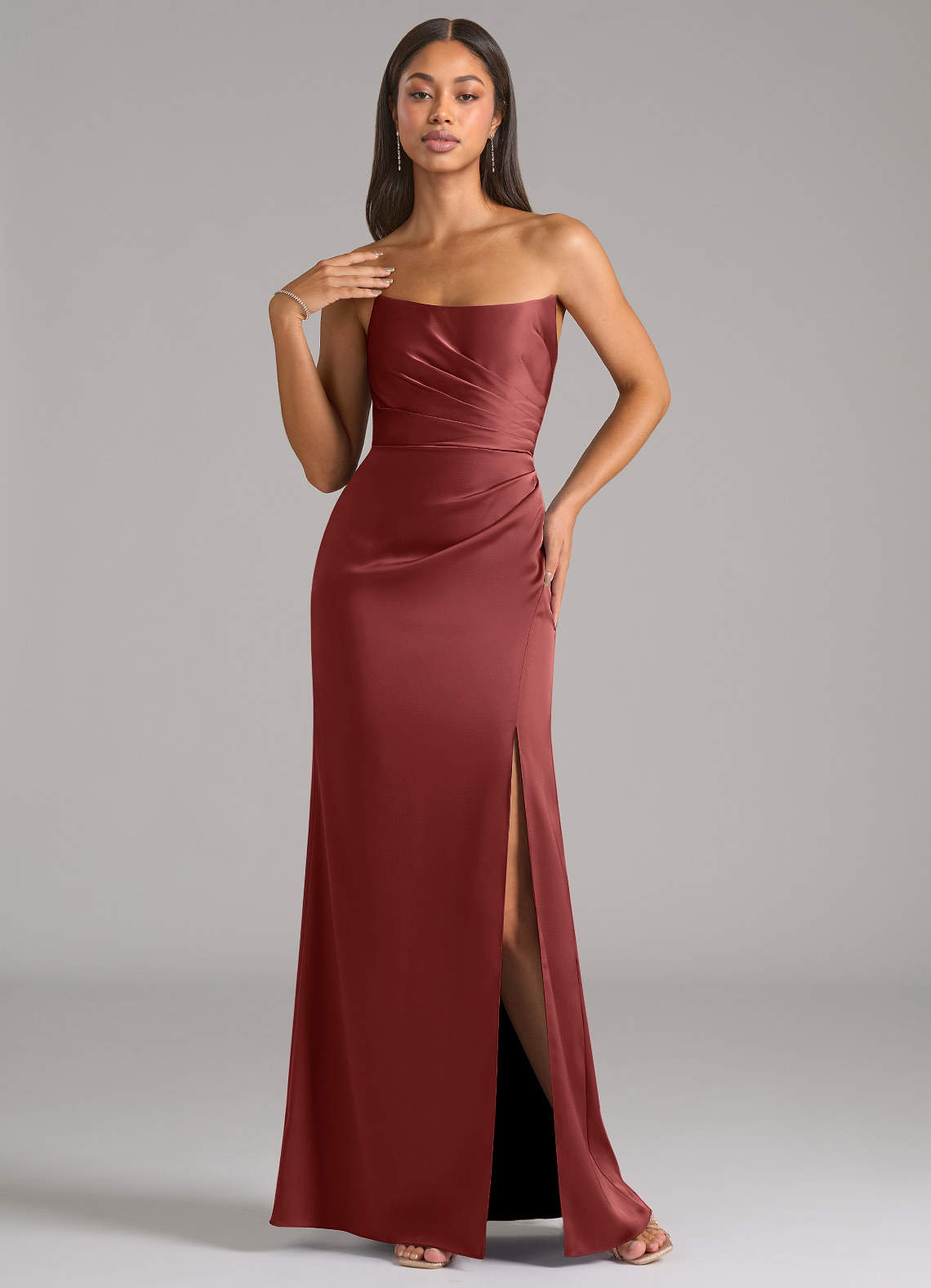 Marla Sheath Strapless Stretch Satin Bridesmaid Dress in Terracotta