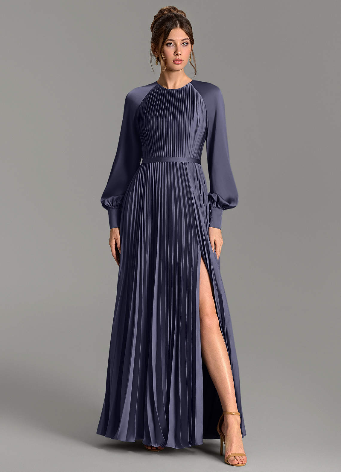 Grayson A-Line Scoop-Neck Stretch Satin Bridesmaid Dress in Stormy