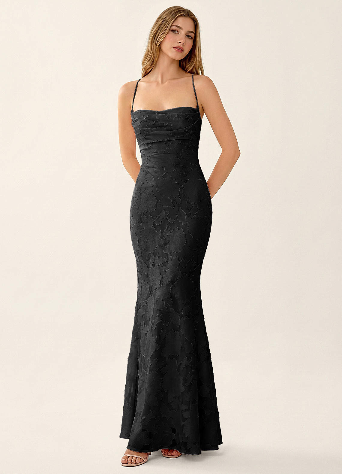 Natasha Mermaid Spaghetti-Strap Floral Burnout Evening Dress in black